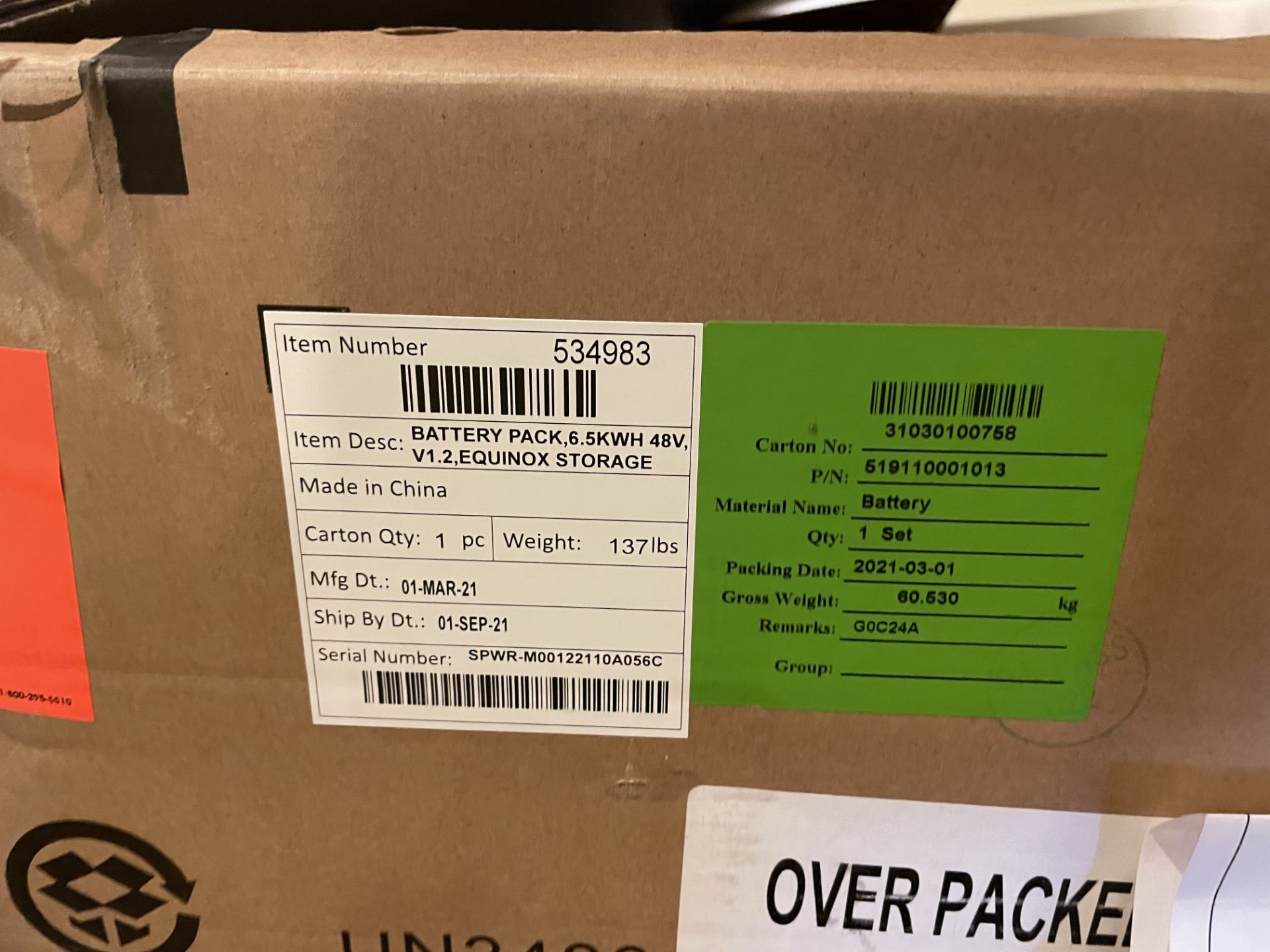 NIB Sunpower Battery Pack 6.5KWH 48V #534986 ( Open Box )