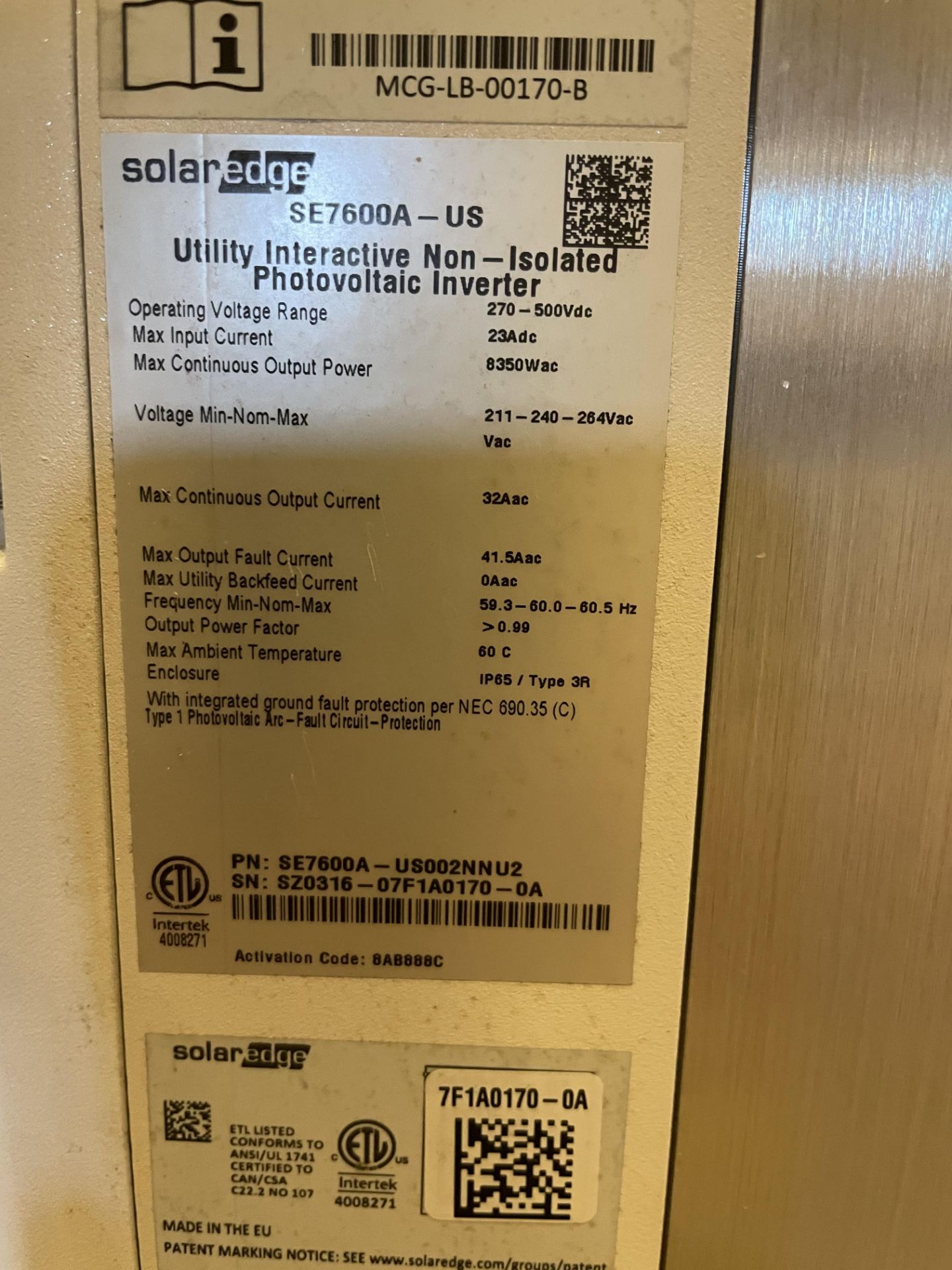 SolarEdge Storedge Inverter, Single Phase, 7.6 KVA ( Used ) - Image 4 of 4