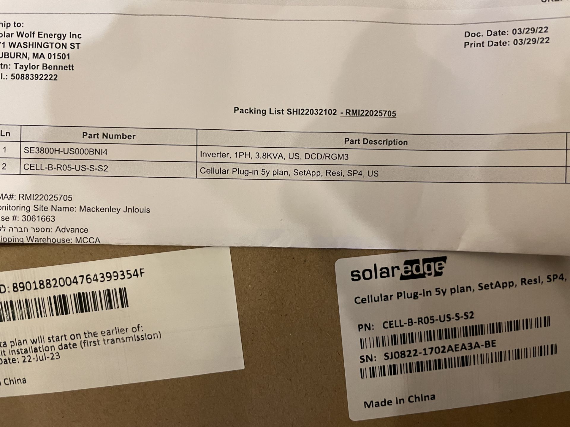 SolarEdge Single Phase 3.8KVA Inverter w/ Cellular Plug in System - Image 2 of 2