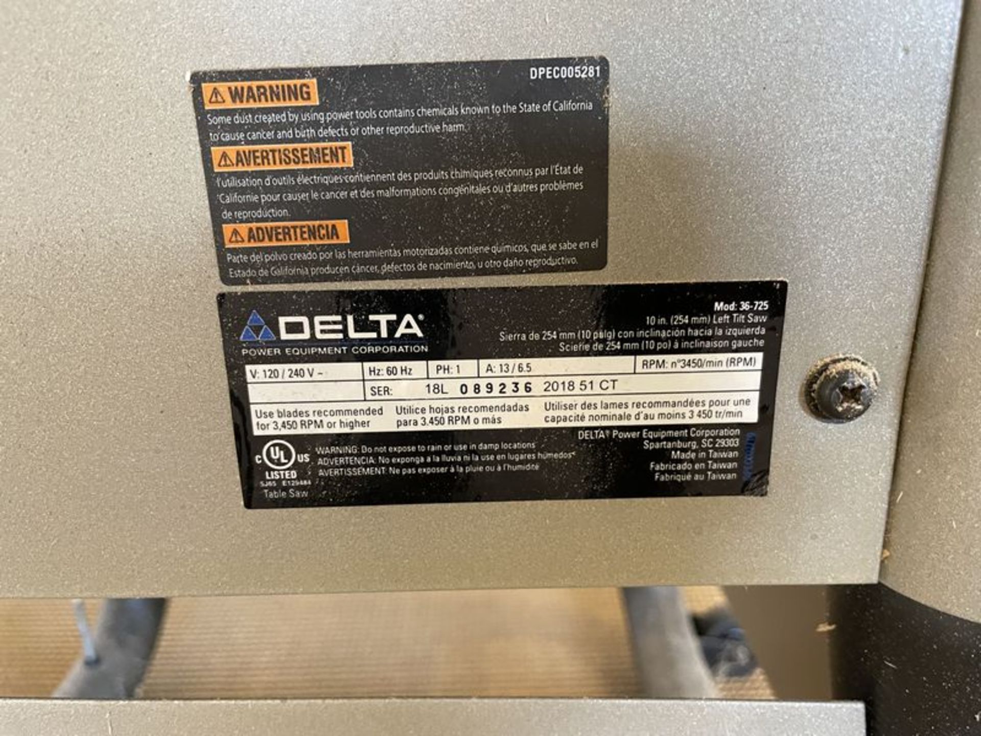 Delta Portable #36-725 10" Left Tilt Table Saw Single Phase - Image 3 of 4