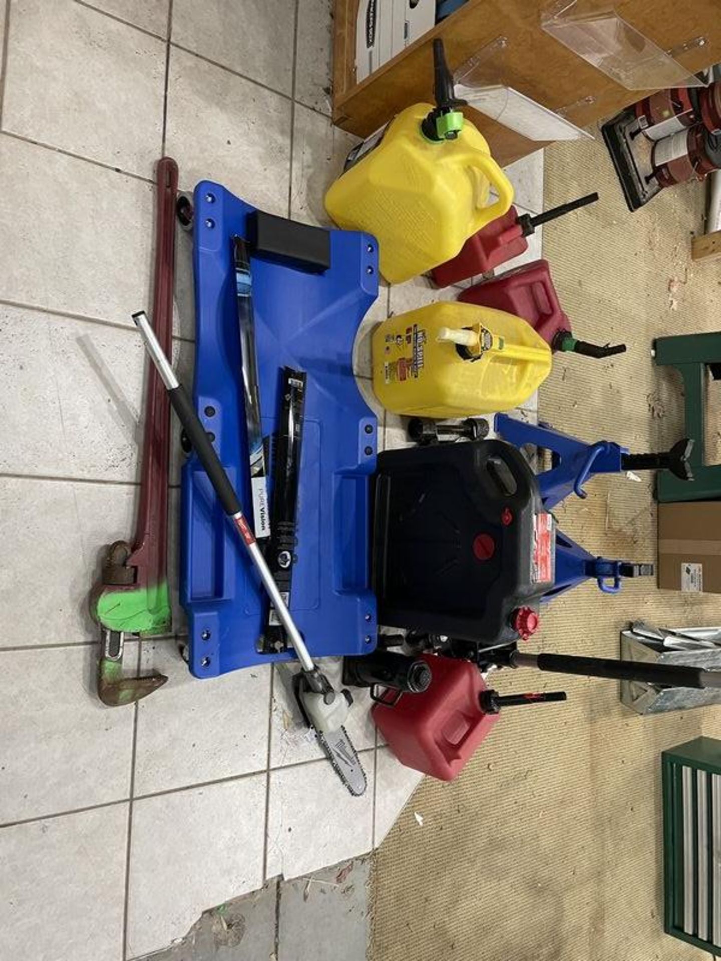 (LOT) Floor Jack, Jack Stands, Creeper, And Fuel Cans - Image 2 of 5