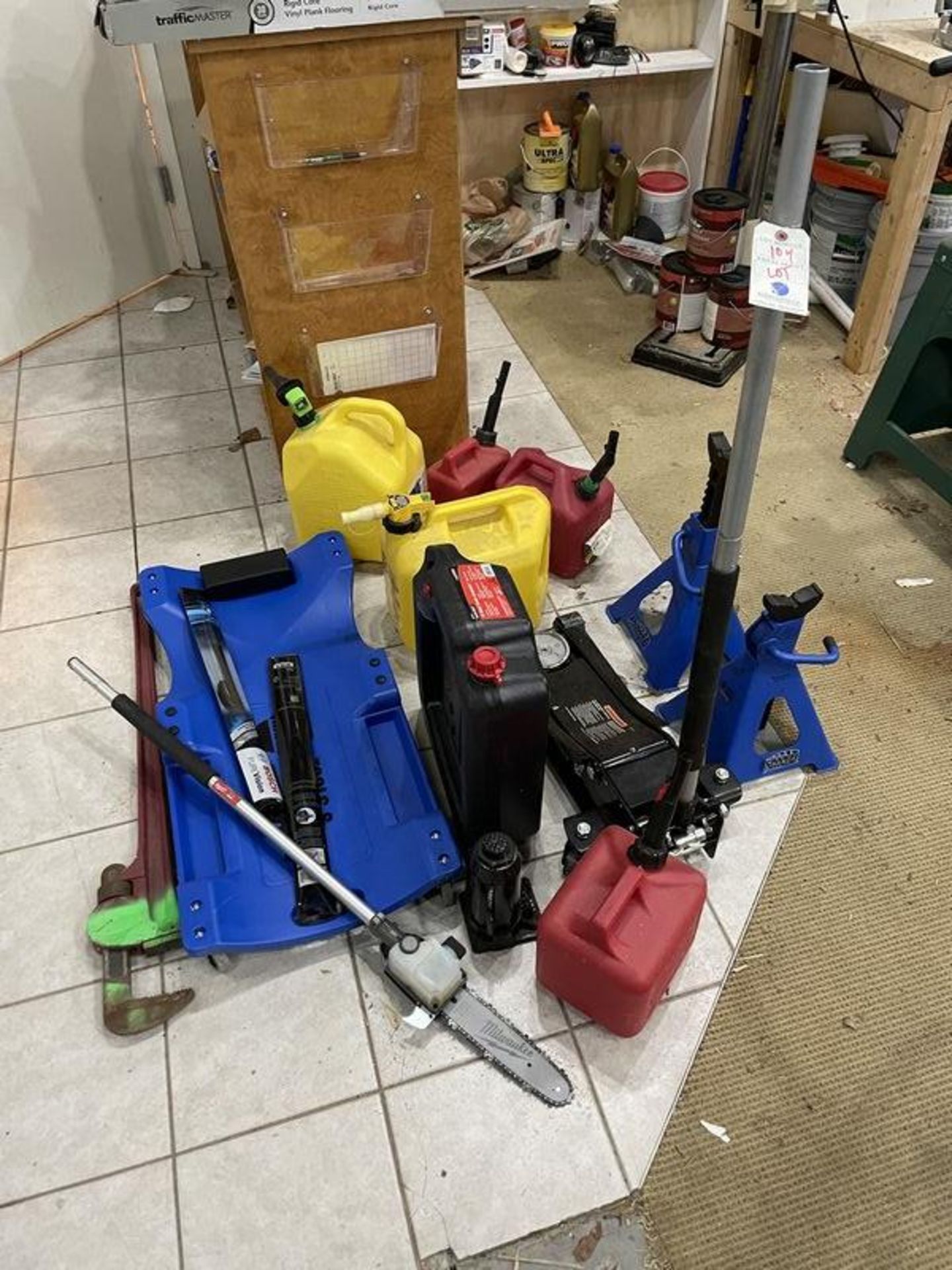 (LOT) Floor Jack, Jack Stands, Creeper, And Fuel Cans