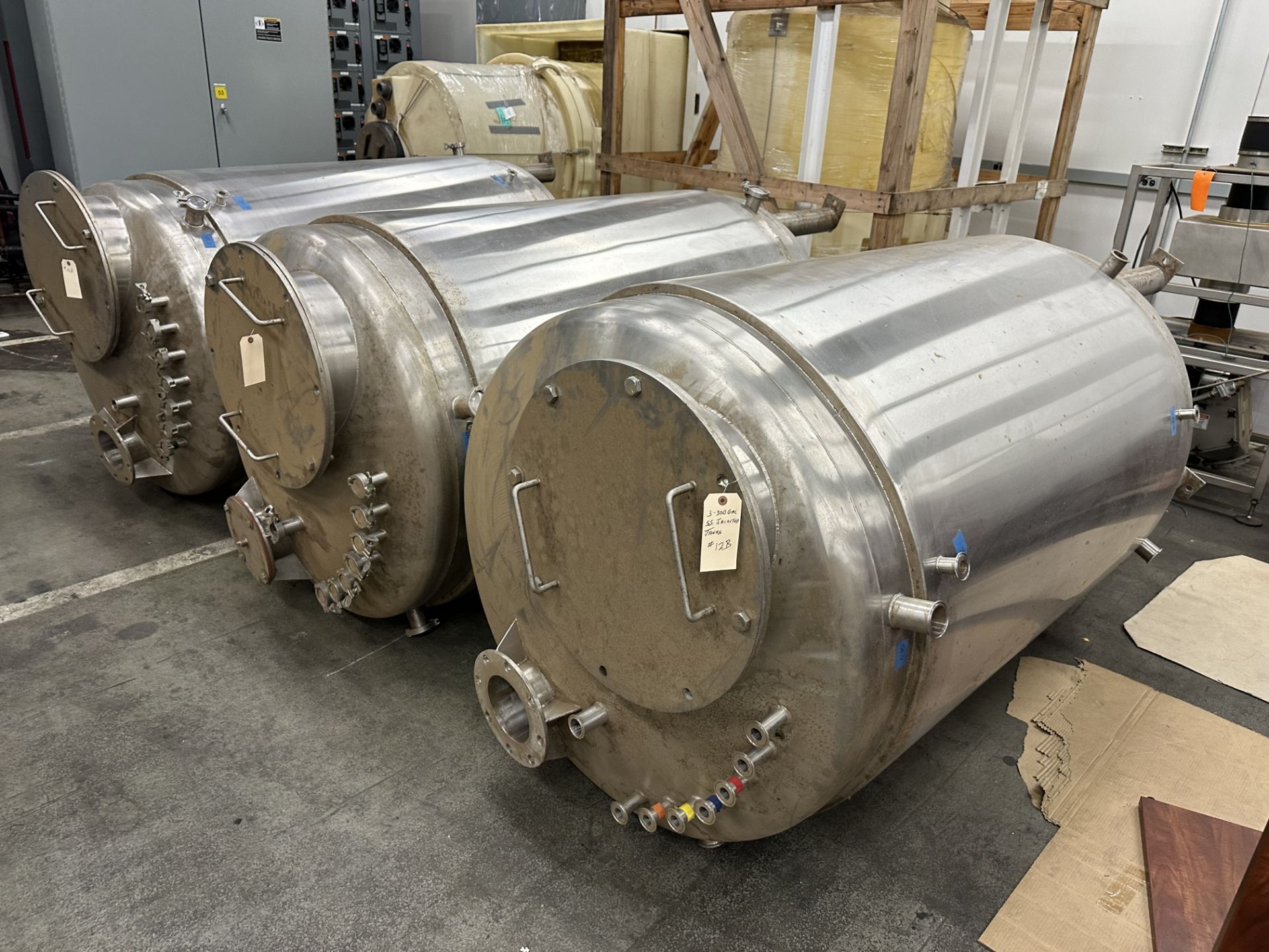 (3) 300 Gallon Stainless Steel Jacketed Tanks w/Ports & Clamps (#12B) (See Pics)