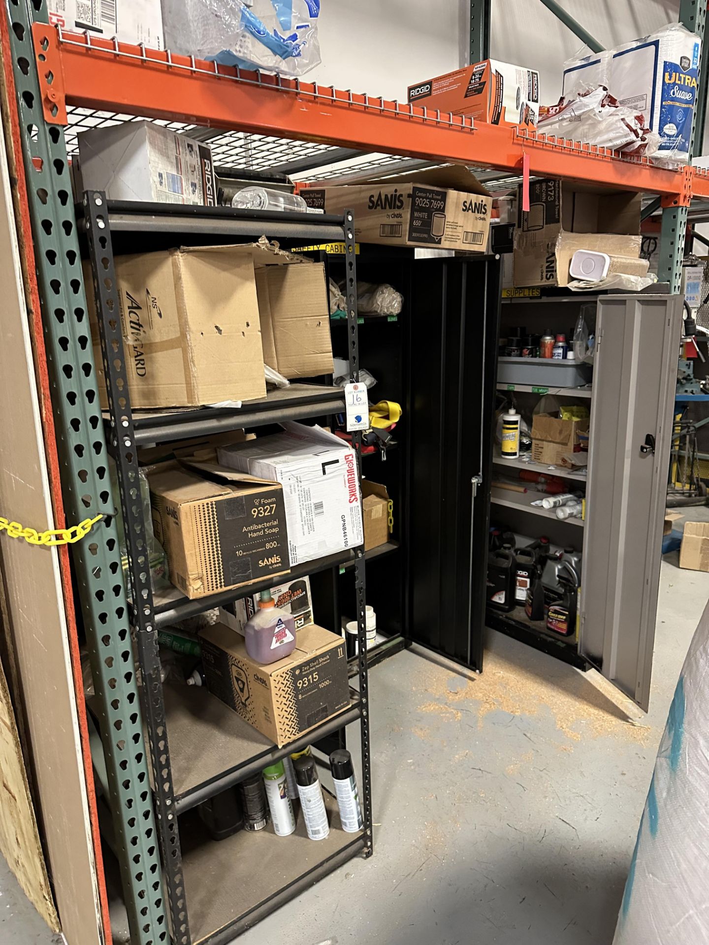 2 Storage Cabinets & Heavy Duty Section of Shelving w/Spare Parts, Spray Paints, Gloves, Towels,