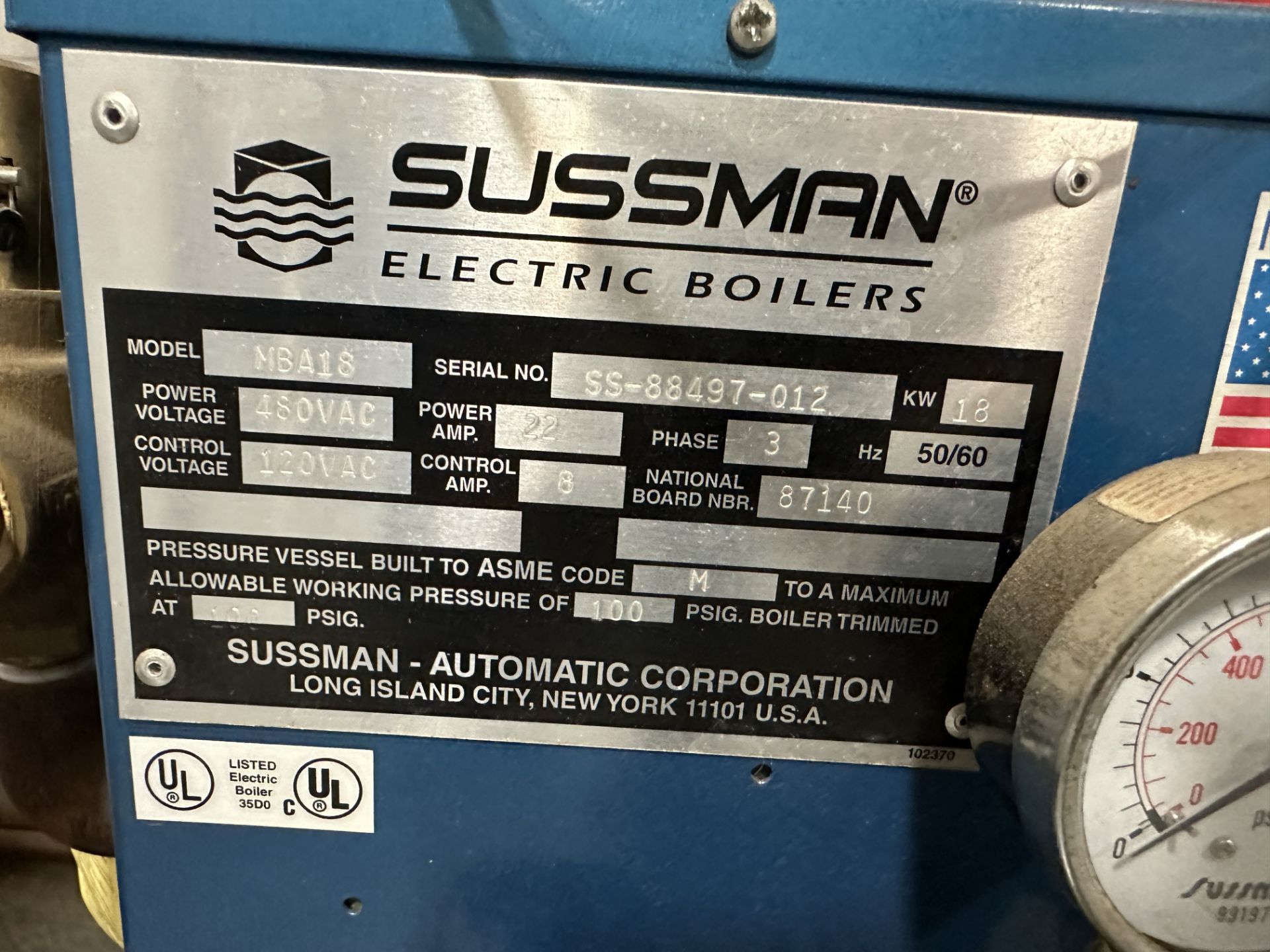Sussman #MBA18, 18KW Boiler, 3 Phase, 480Volt (See Tag For Additional Info) - Image 3 of 5
