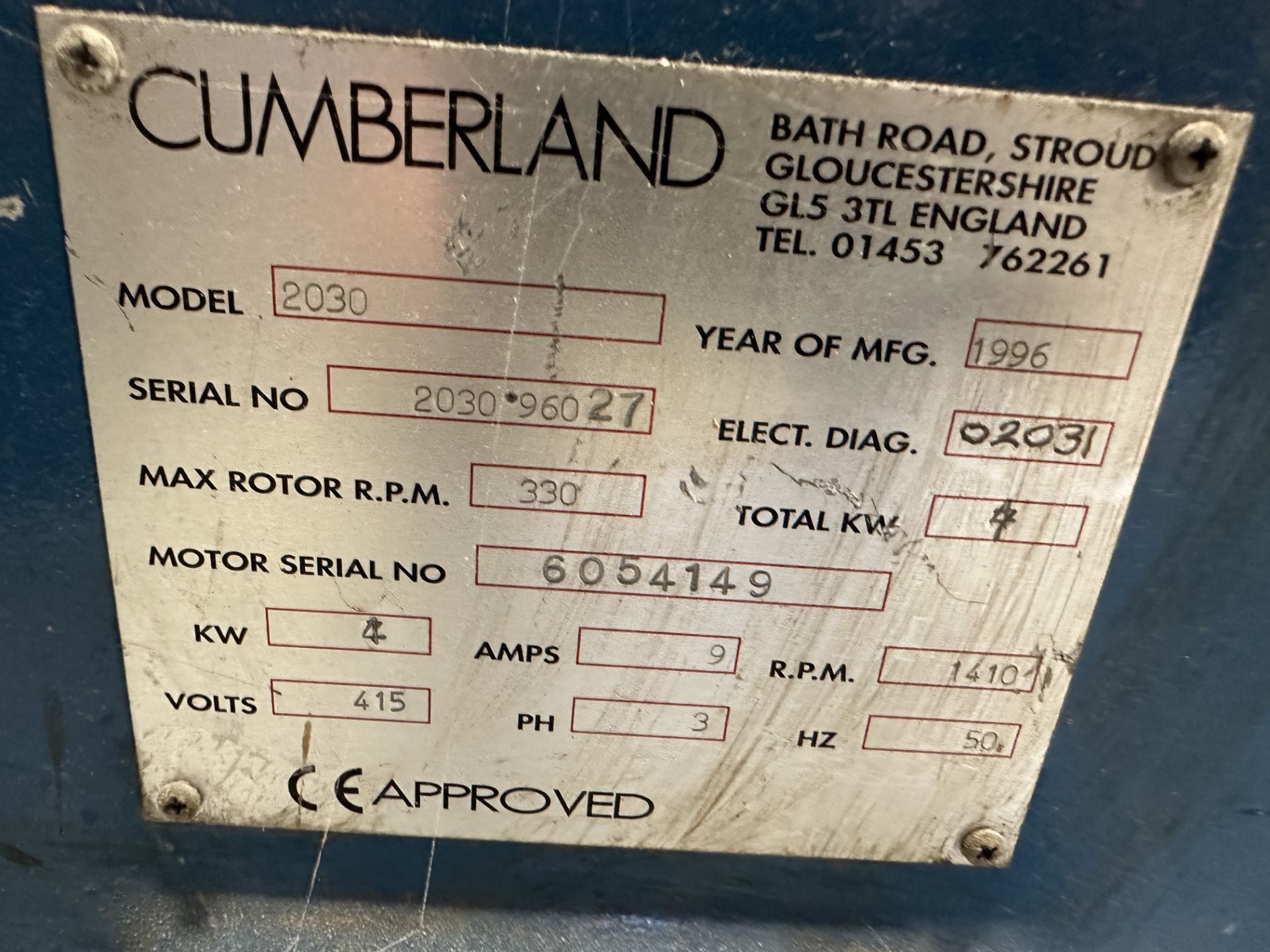 Cumberland #2030 Granulator 9" x 12", 4kW, 9Amp, 3 Phase, 415 Volt, 1410RPM, 50hz - Image 2 of 2