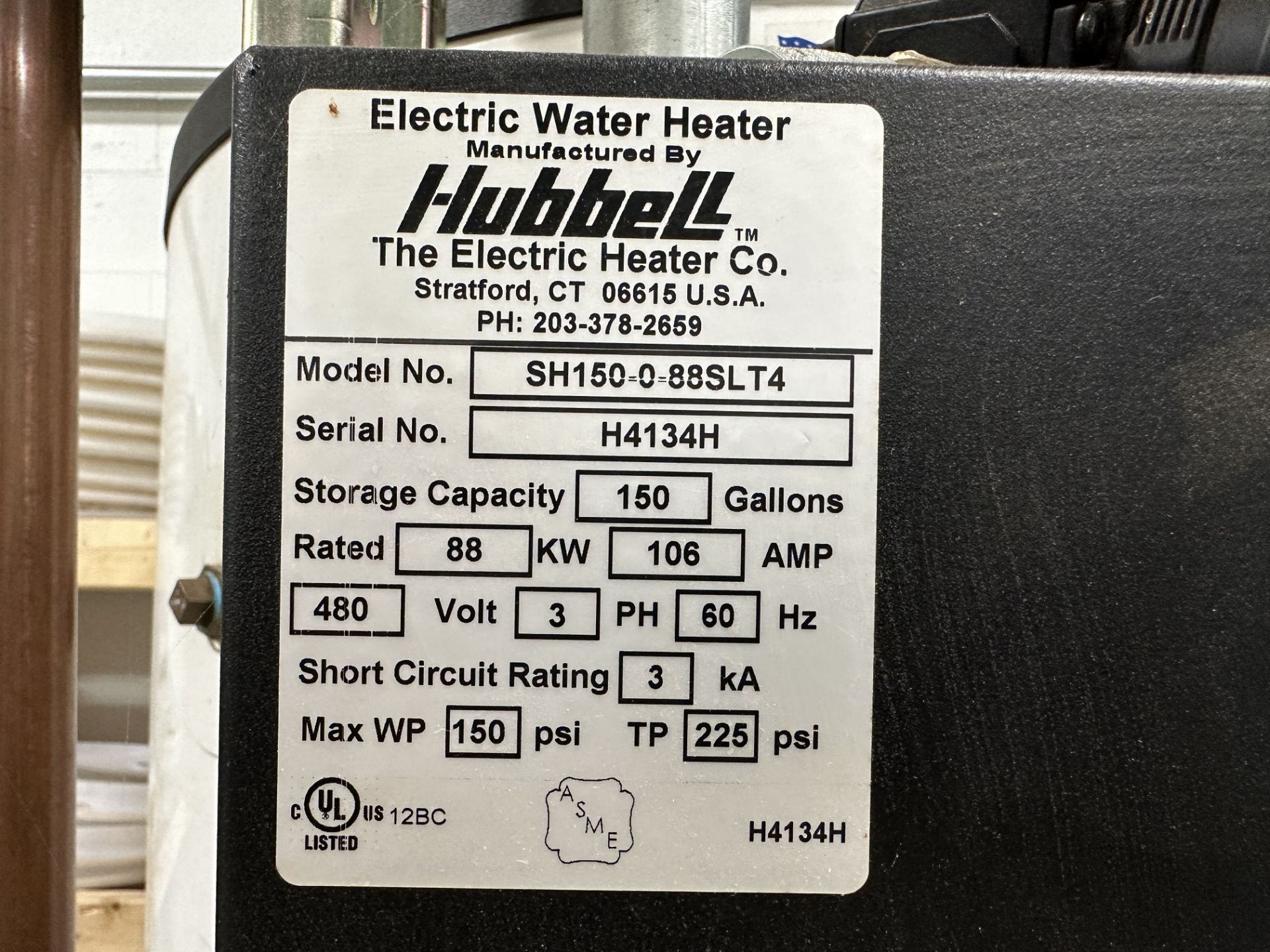 Hubbell #SH150-0-88SLT4, 150 Gallon Electric Water Heater, 3 Phase, 60hz, 280V - Image 2 of 3