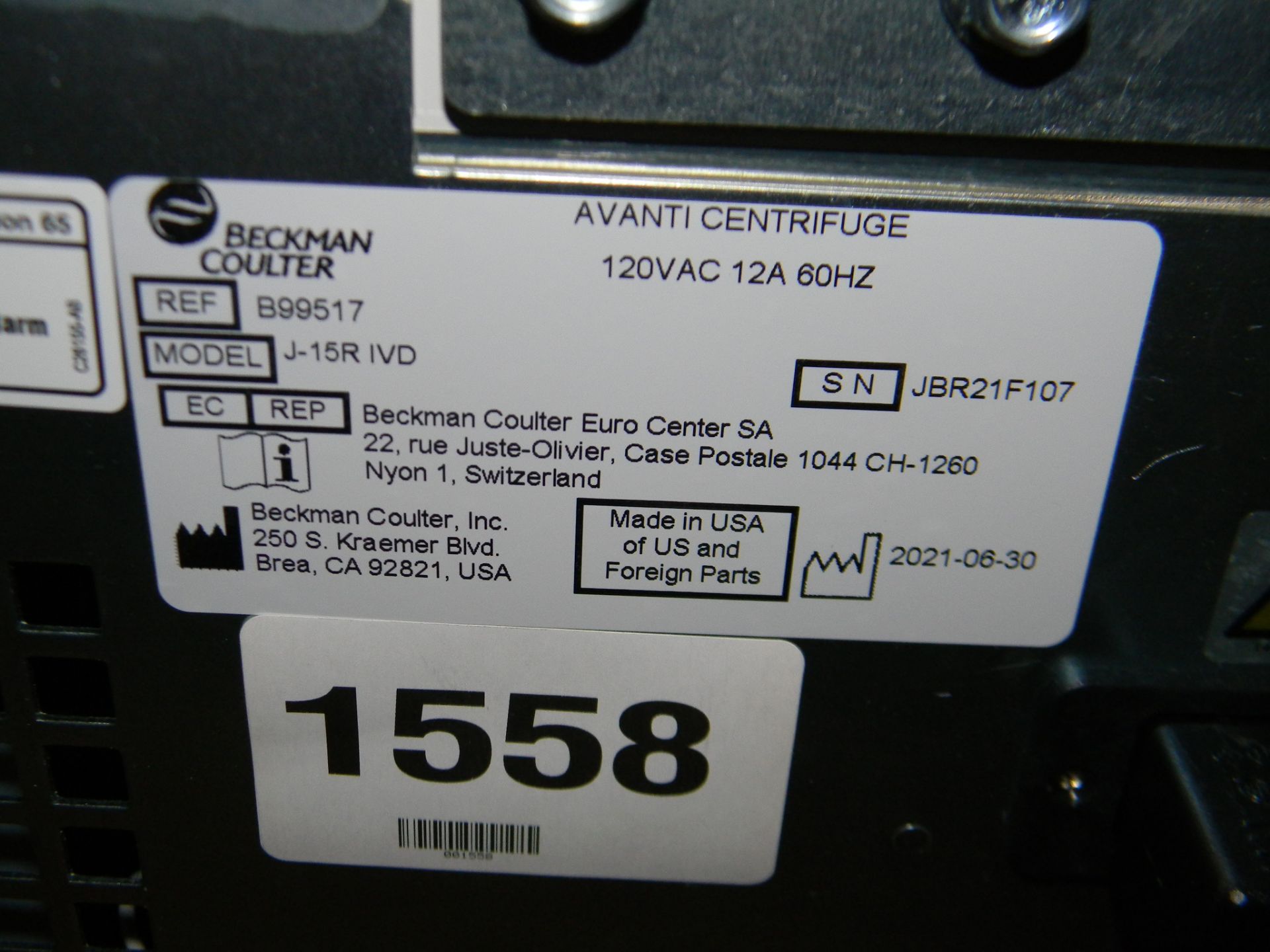 Beckman Coulter Avanti J-15R IVD Refrigerated Centrifuge With JS-4.750 Rotor, Beckman Coulter 349950 - Image 5 of 7