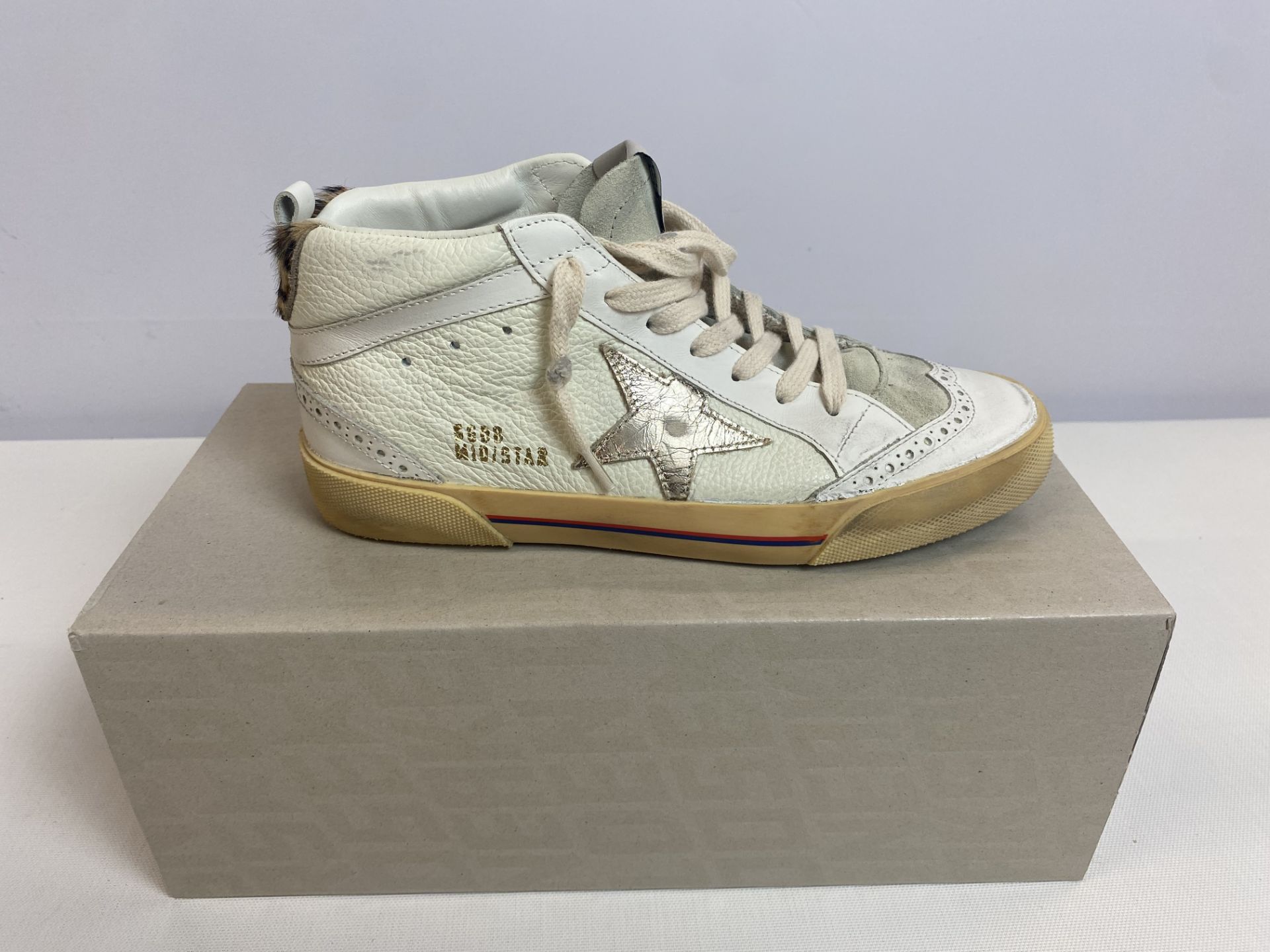Golden Goose Mid Star Classic Sneaker Size: 37, Suede Toe Drummed Leather Quarter Laminate Star Leat