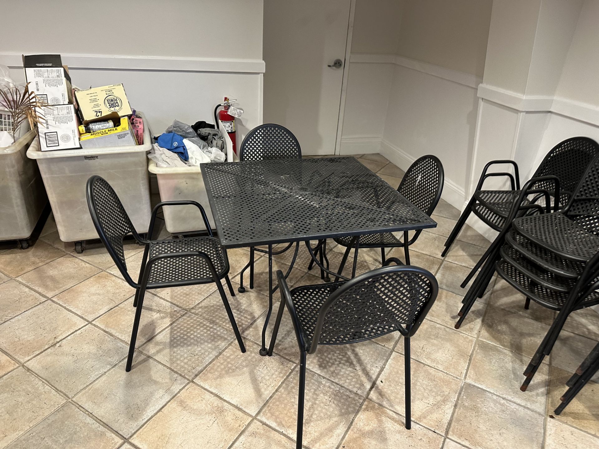 (Lot) Patio Furniture c/o: (4) Outdoor Mesh Top Tables 36"x36" and(15) Metal Framed Mesh Seat and - Image 2 of 3
