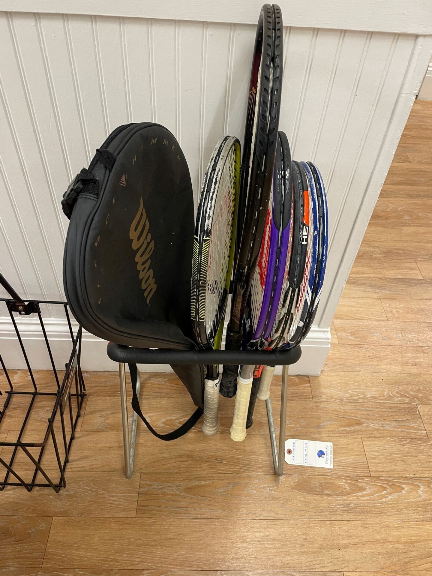 (Lot) 5 Tennis Rackets and Rack
