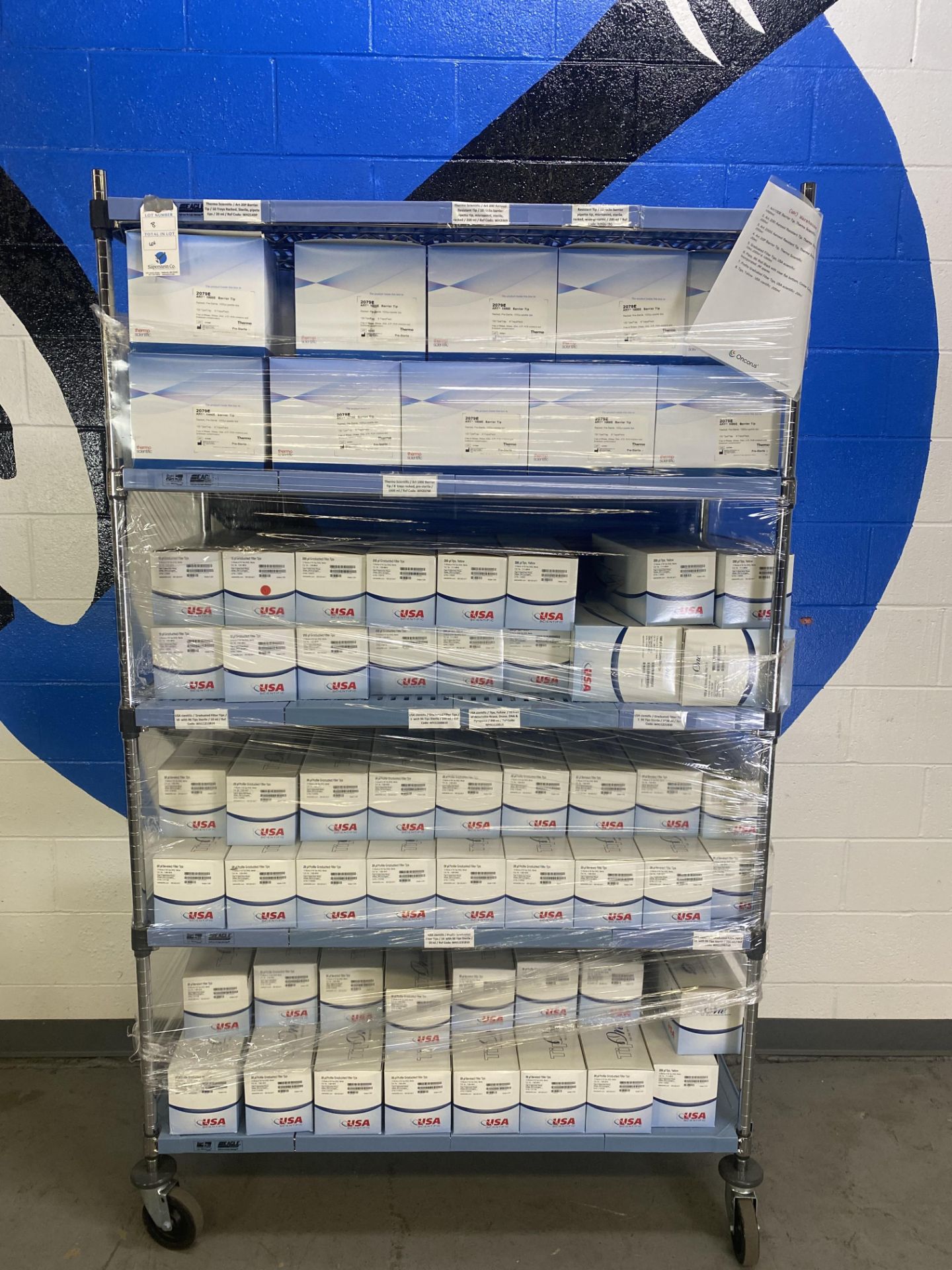 {LOT} Of Consumables on Rack (RACK NOT INCLUDED) of Approx. 70 Boxes c/o: Thermo Scientific 100E
