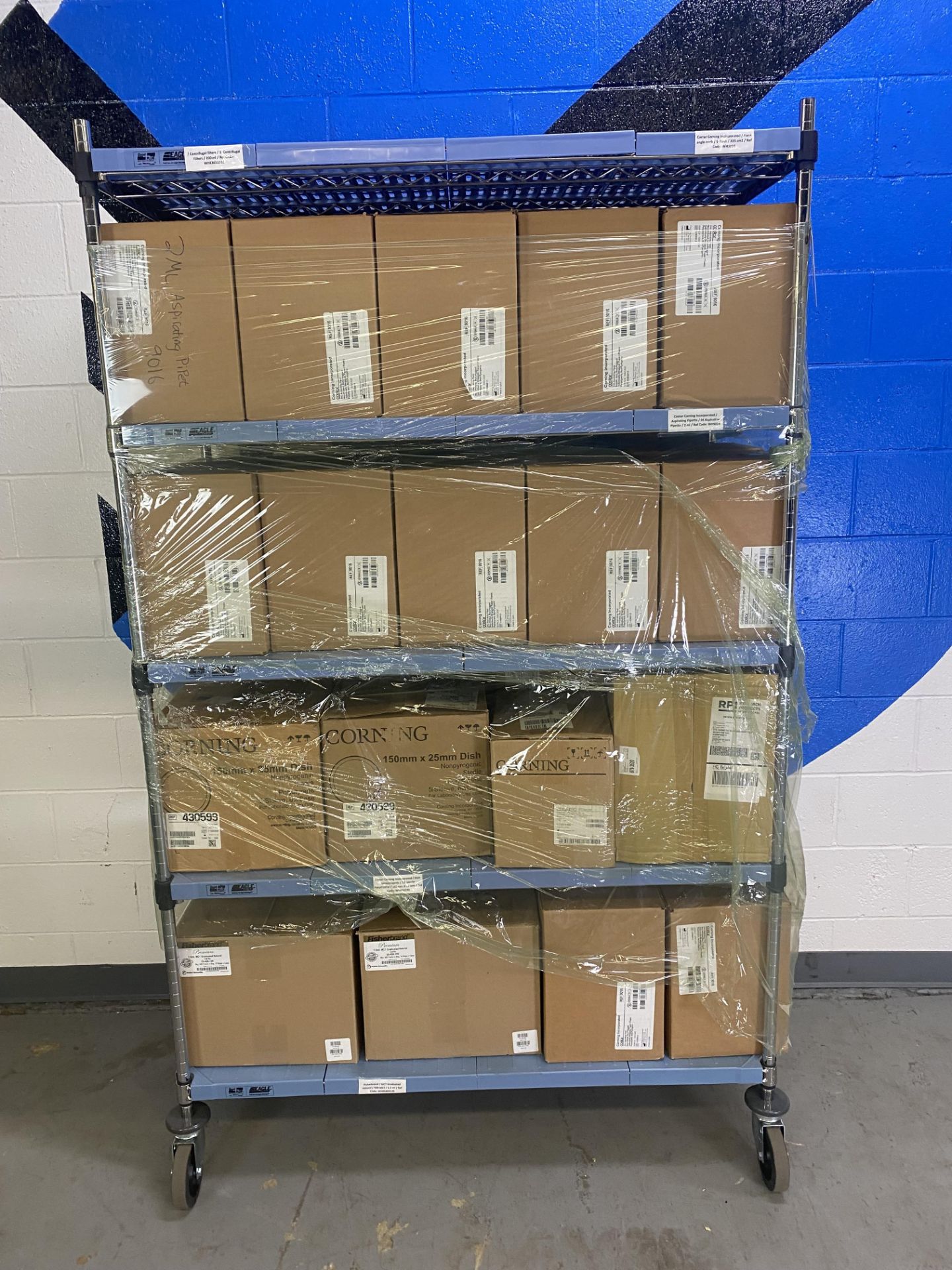 {LOT} Of Consumables on Rack (RACK NOT INCLUDED) of Approx. 28 Boxes c/o: Corning 2ml Aspirating