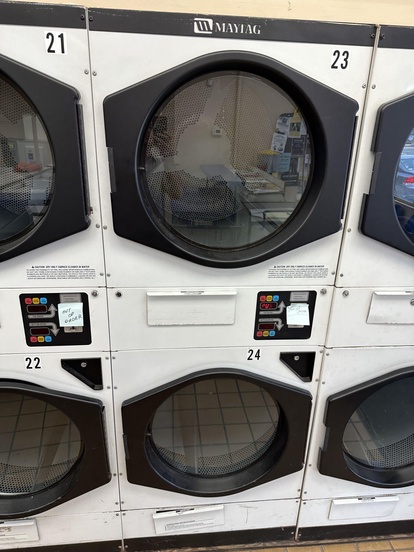 (2) Maytag Stacked Gas Commercial Dryers - Coin Operated w/Digital Readout - Model & Serials All N/