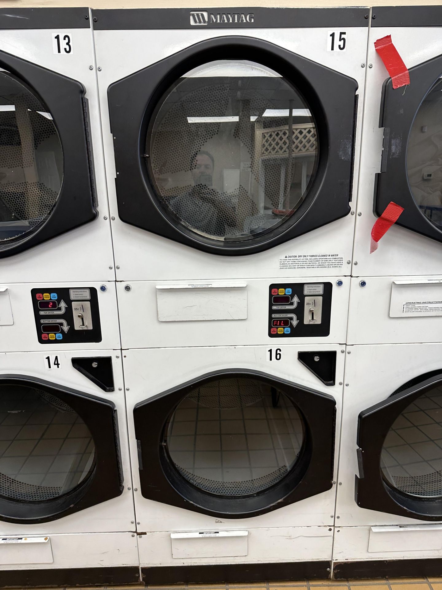 (2) Maytag Stacked Gas Commercial Dryers - Coin Operated w/Digital Readout - Model & Serials All N/