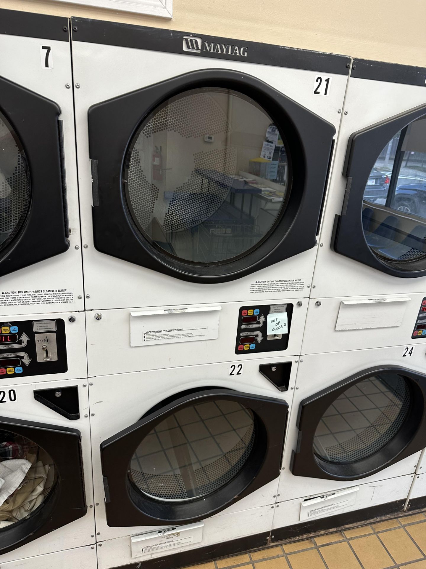 (2) Maytag Stacked Gas Commercial Dryers - Coin Operated w/Digital Readout - Model & Serials All N/