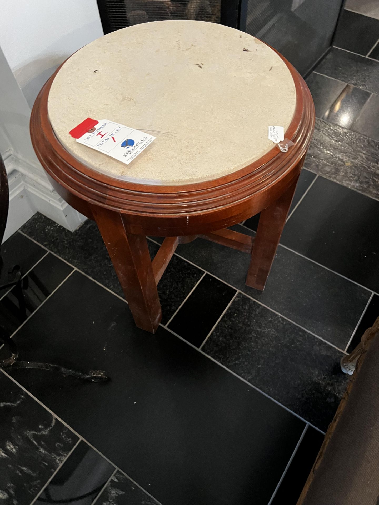 18" Round Limestone Top Side Table with Wood Base