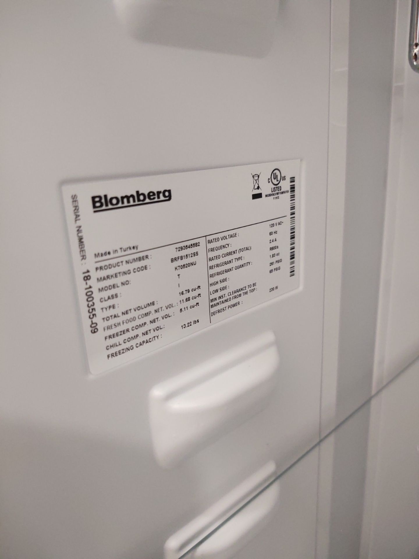 Blomberg Refrigerator Freezer #BRFB 15 Series, Model 7, 27"W Stainless Steel Finish, Bottom Freezer - Image 2 of 3