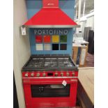 Smeg Portofino 36" Freestanding, Dual Fuel, 5 Burner, Red, Range Oven #CPF36UGMR w/ SS Trim Red Hood