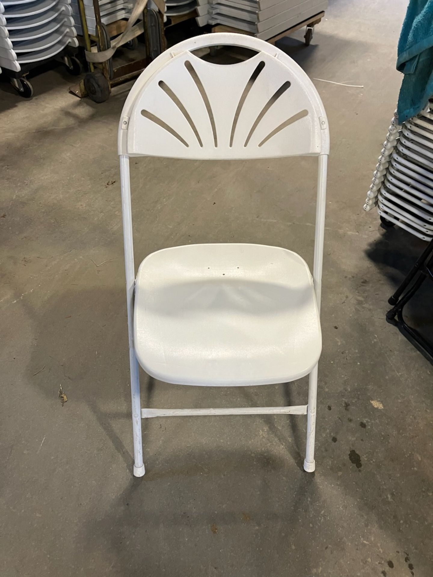 (85) Palmer Schnyder All White Plastic Seat Metal Framed Foldable Chairs (BEING SOLD BY THE PIECE)