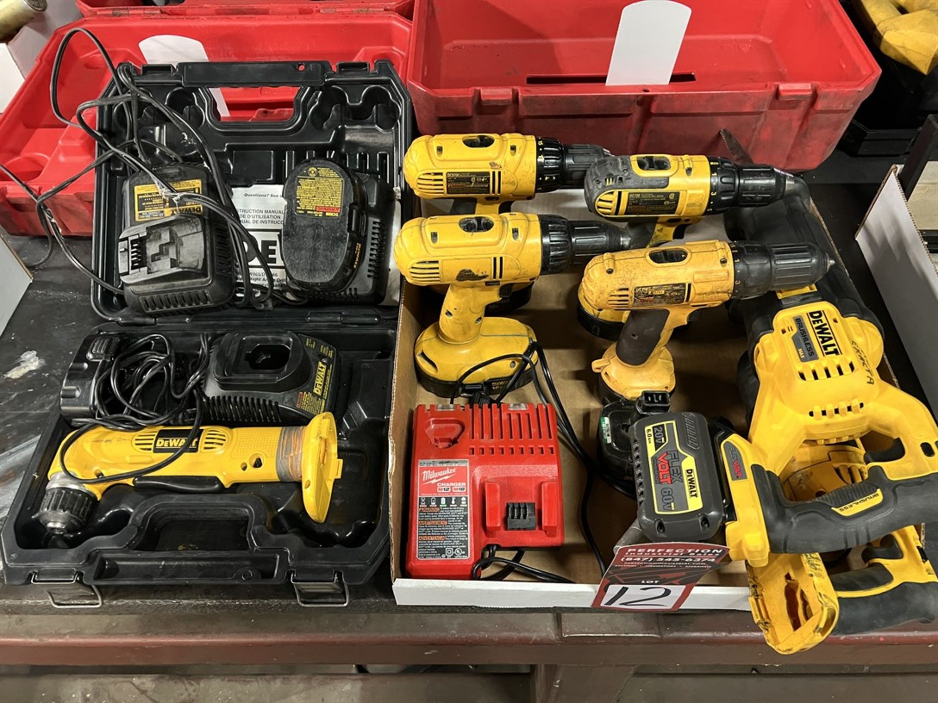 Lot Comprising DEWALT Cordless Tool Inculding Drills, Reciprocating Saws, Batteries and Chargers