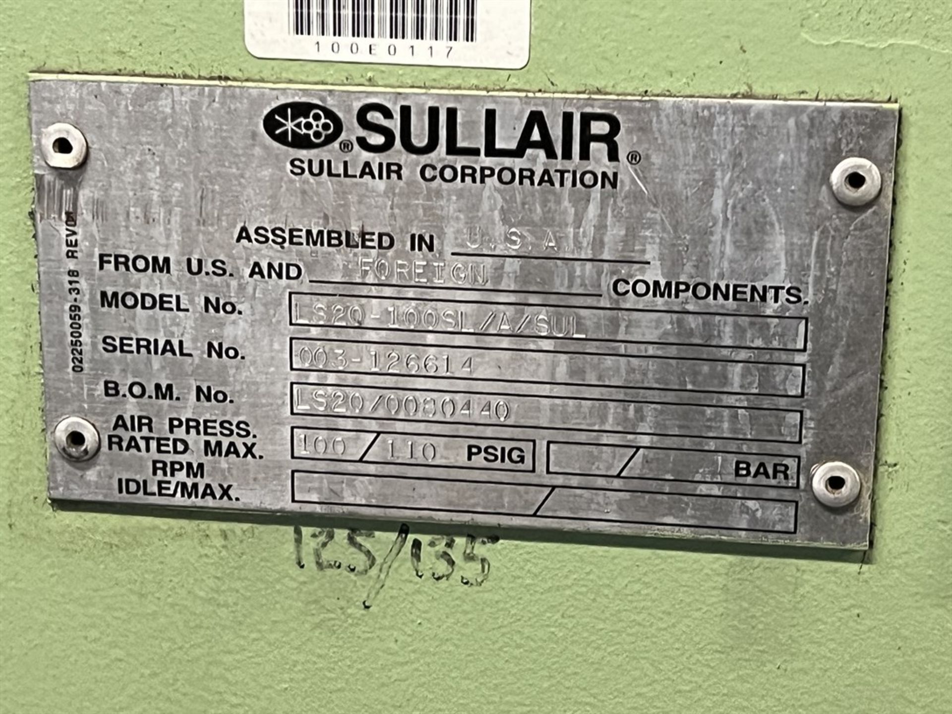 SULLAIR LS20- 100 SL/A/SUL 100 HP Air Compressor, s/n 003-126614, 100/110 PSIG - Image 6 of 6