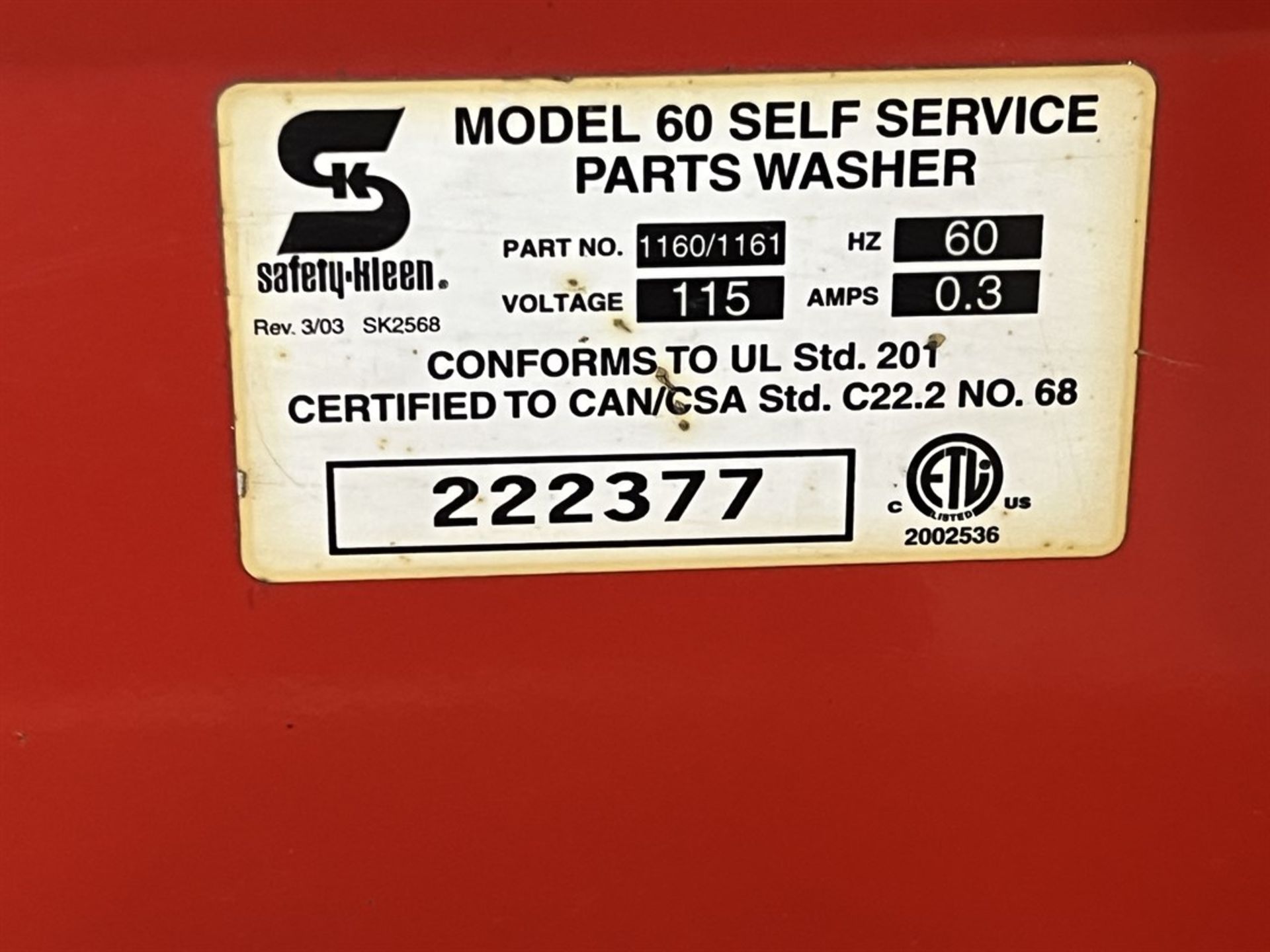 SAFETY KLEEN 60 Self Service Parts Washer, s/n 222377 - Image 4 of 4