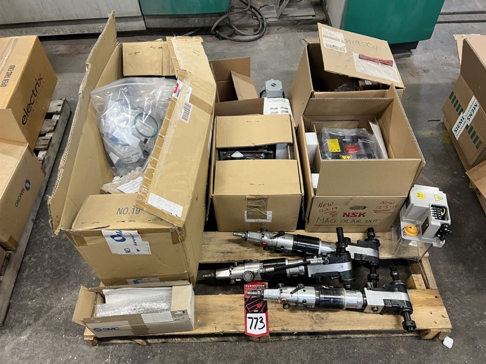 Lot of MAKINO Spare Parts Including NSK Oil/Air Units, Pressure Switches, Relays, and Gear Motors