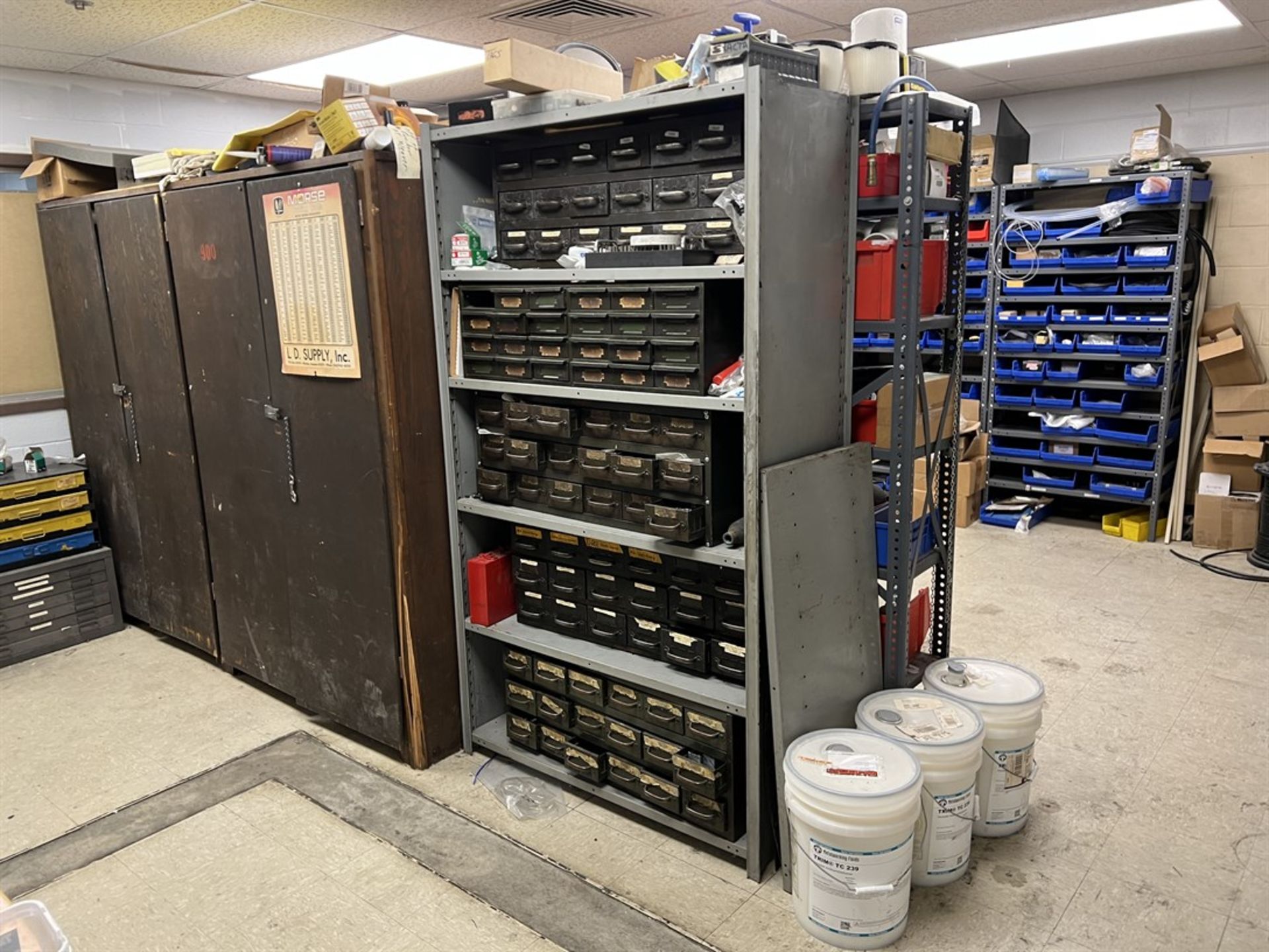 Contents on Maintenance Room Including Wood Shop Cabinet, Shelving w/ Contents Including Fuses,