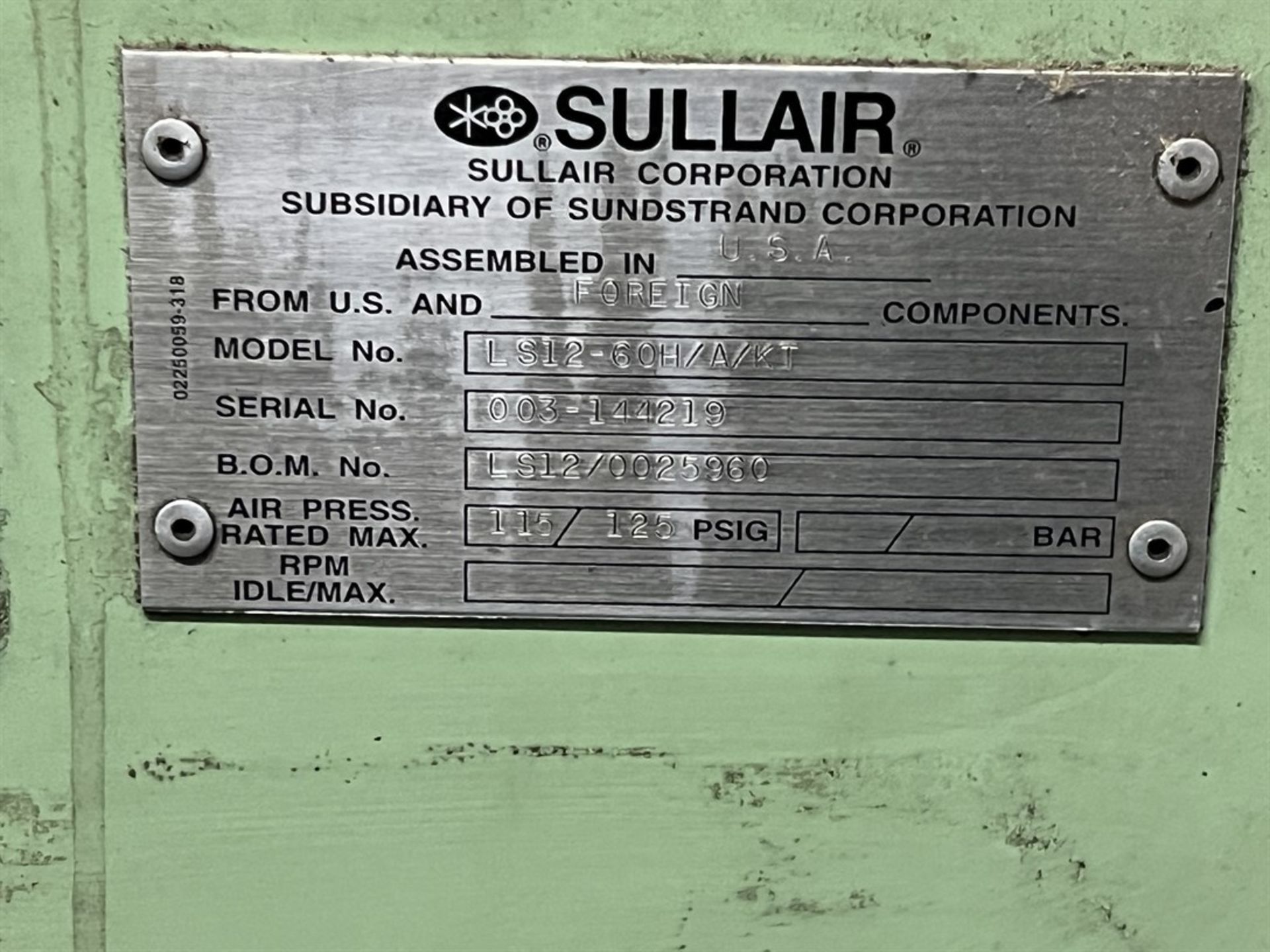 SULLAIR LS12 60 HP Air Compressor, s/n 003-144219, 115/125 PSIG - Image 4 of 8