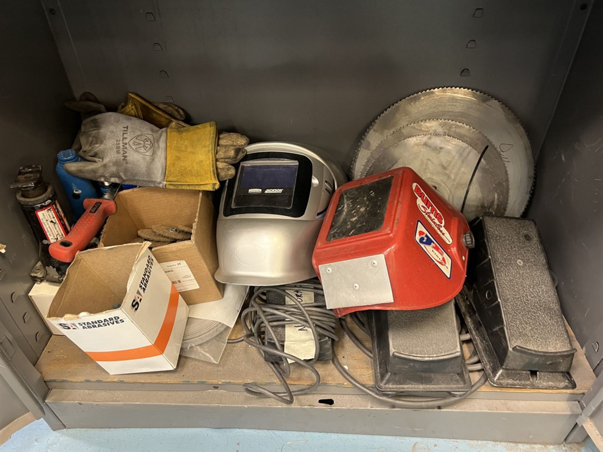 Shop Cabinet w/ Large Assortment of Abrasives, Welding Helmets and Foot Pedals - Image 4 of 5