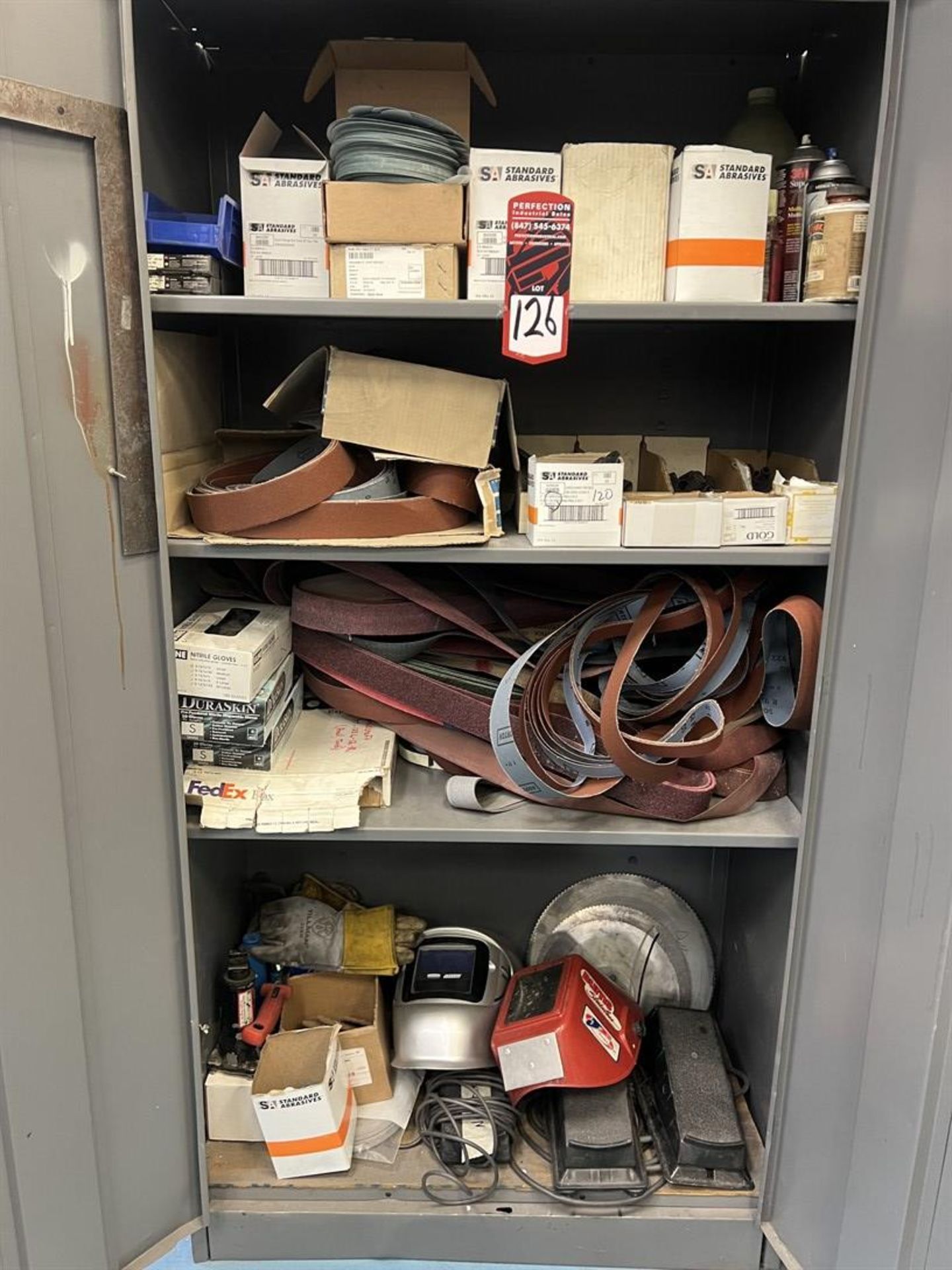 Shop Cabinet w/ Large Assortment of Abrasives, Welding Helmets and Foot Pedals