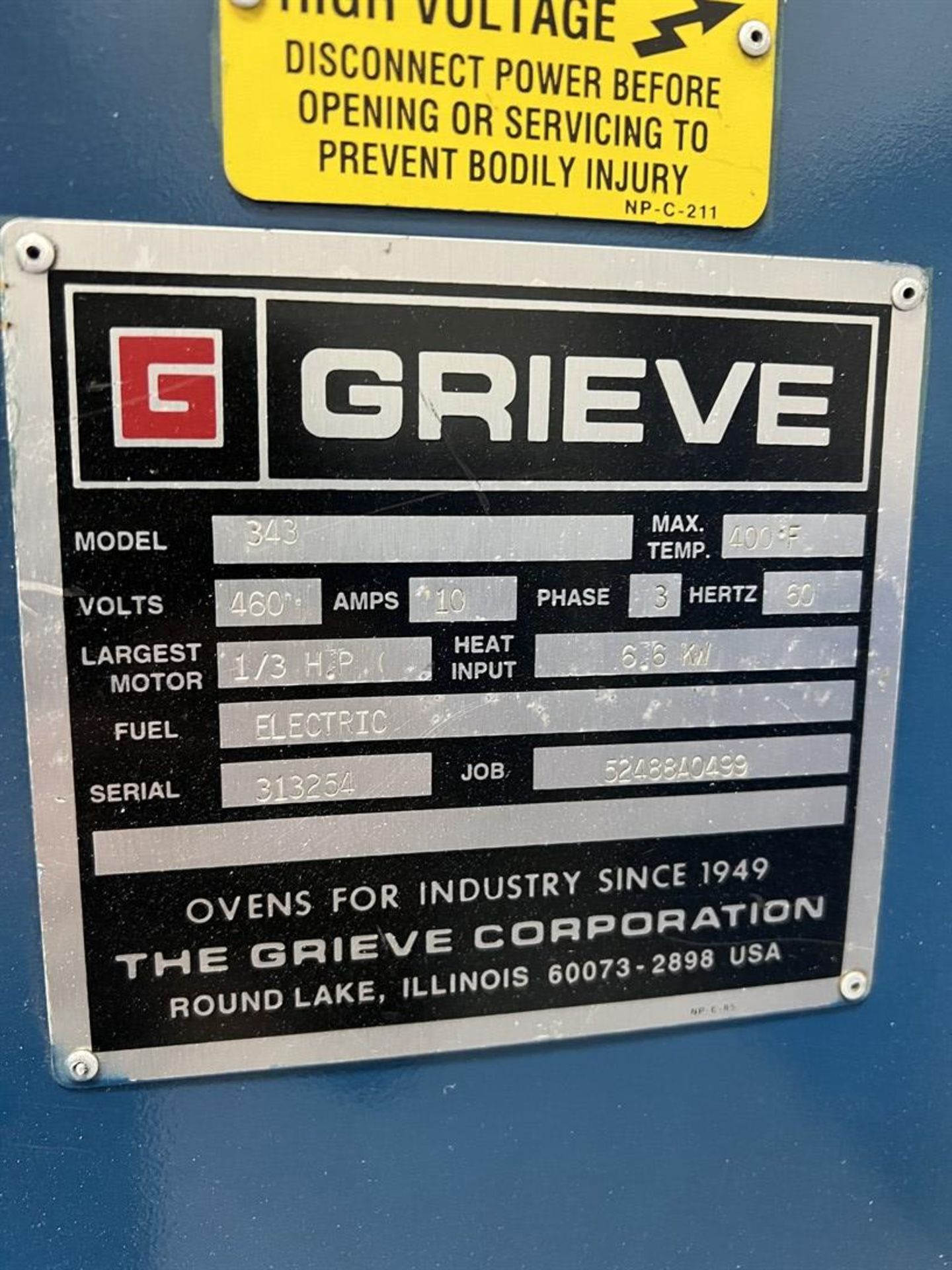 GRIEVE No 343 Oven, s/n 313254, w/ 36”x 48”x 36” Chamber, 36 Cu. Ft. Volume, 400 deg. F - Image 5 of 6