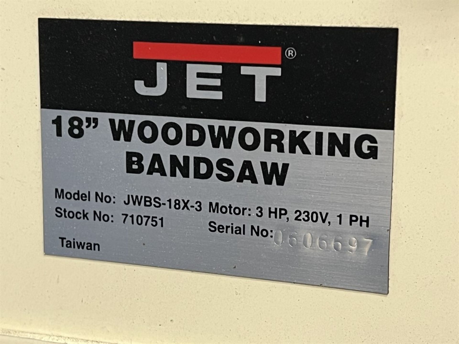 JET JWBS-18X-3 18" Woodworking Bandsaw, s/n 0606697, 18.75" x 18.75" Table, 3 HP - Image 6 of 6