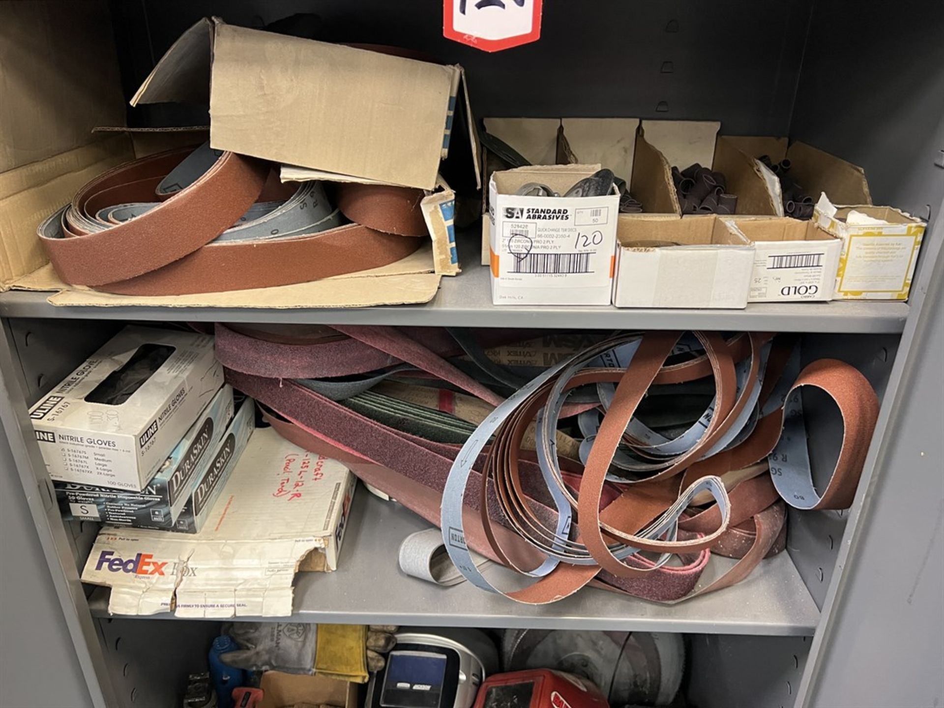 Shop Cabinet w/ Large Assortment of Abrasives, Welding Helmets and Foot Pedals - Image 3 of 5