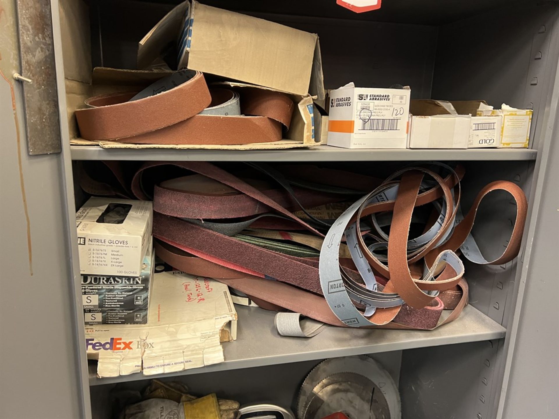 Shop Cabinet w/ Large Assortment of Abrasives, Welding Helmets and Foot Pedals - Image 5 of 5