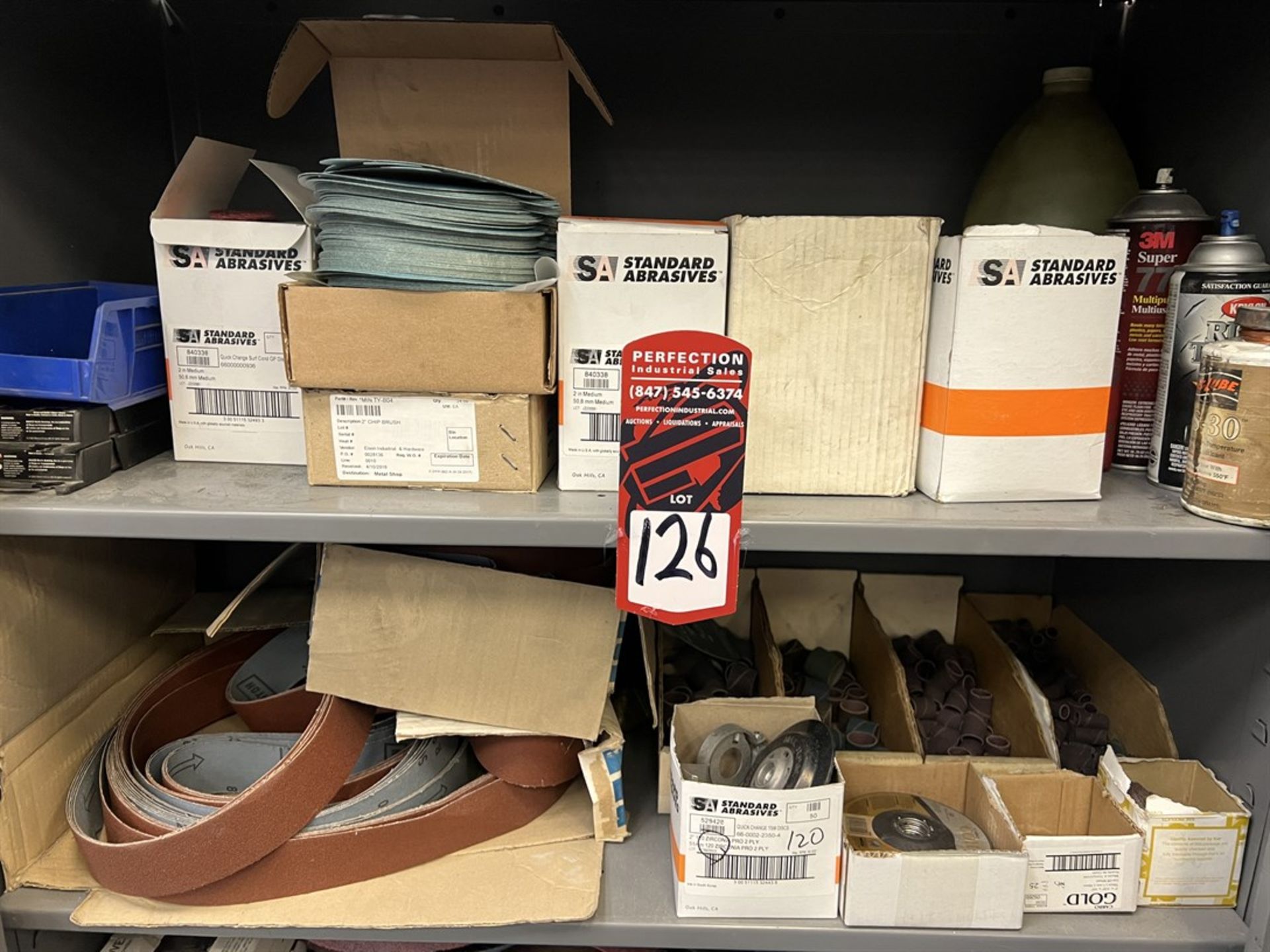 Shop Cabinet w/ Large Assortment of Abrasives, Welding Helmets and Foot Pedals - Image 2 of 5