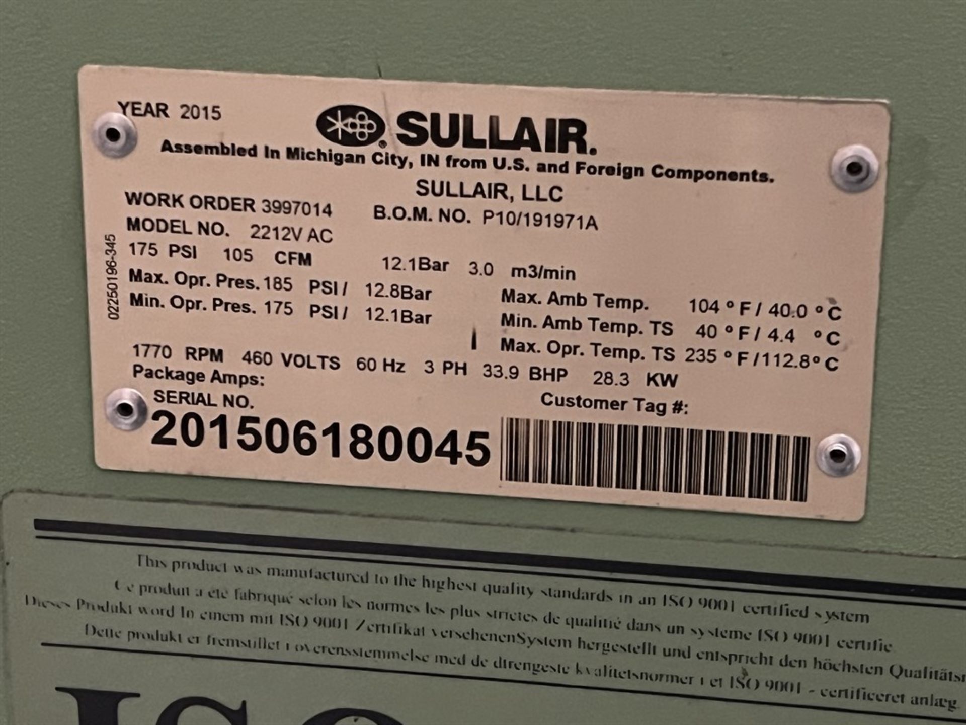 2015 SULLAIR 2200 Series 2212V 34 HP Variable Speed Air Compressor, s/n 201506180045, 175/185 PSI - Image 5 of 5