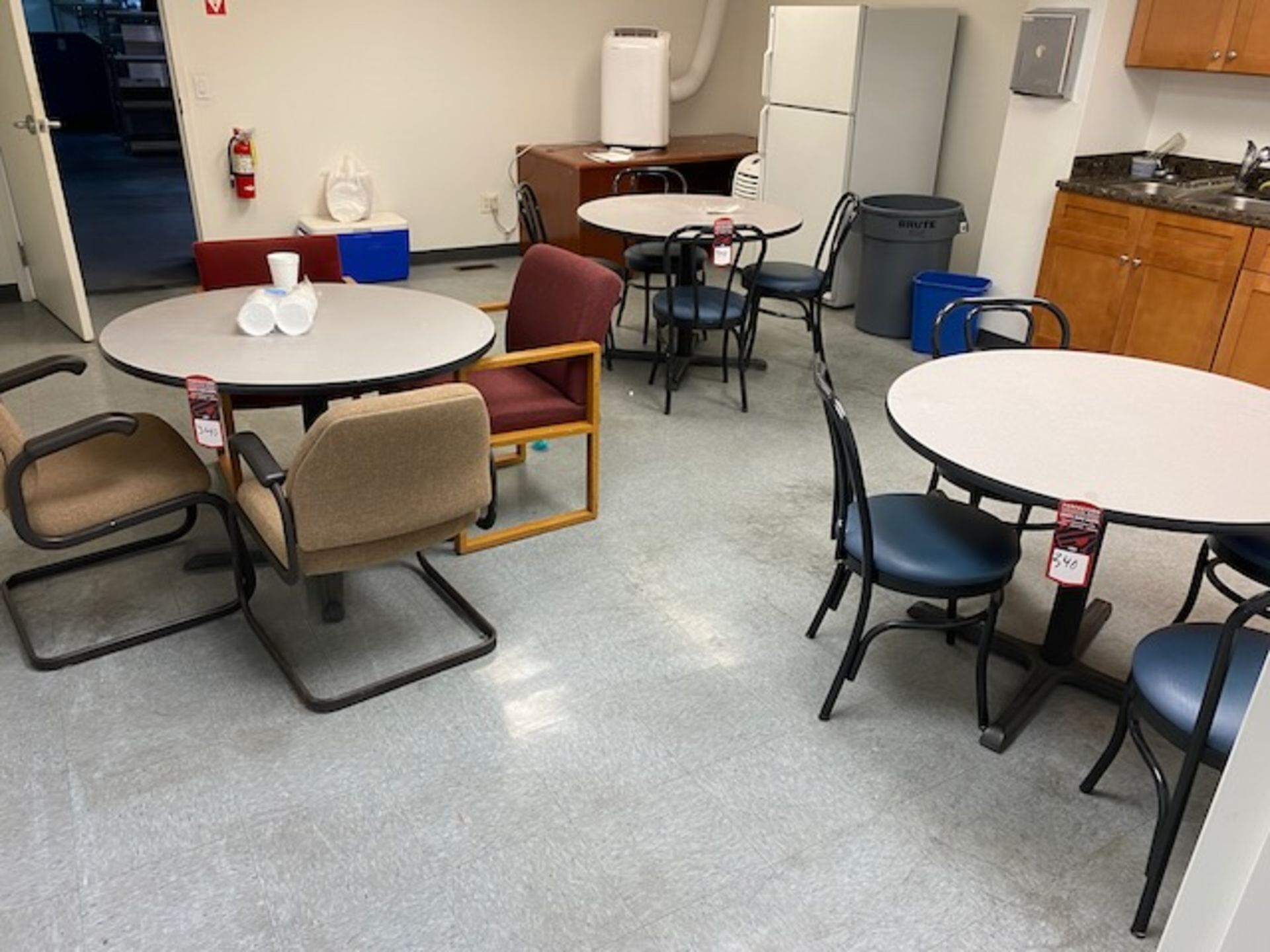 Lunch Room (3) Tables, (12) chairs, Microwave