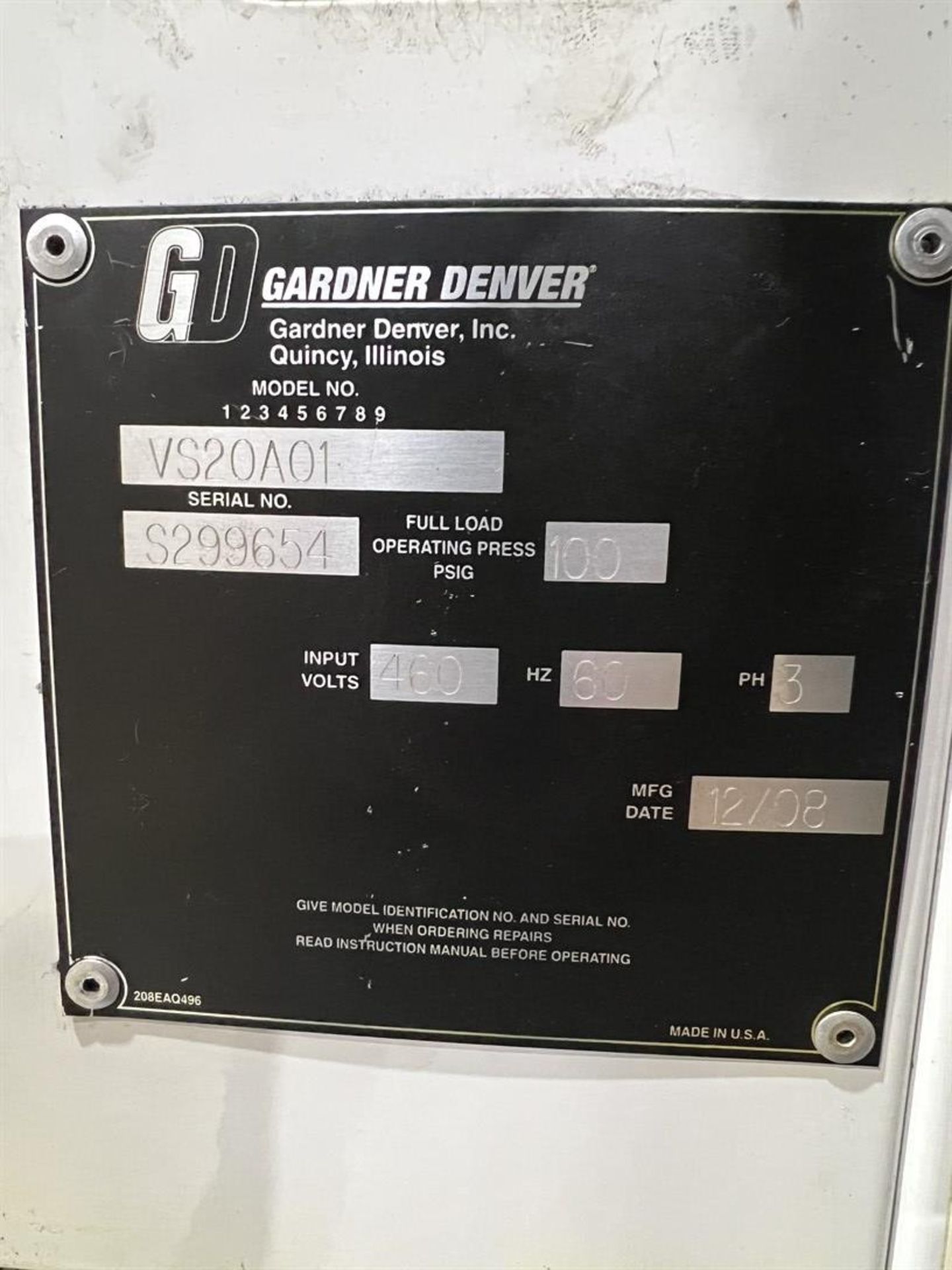 2008 GARDNER DENVER VS20 20 HP Air Compressor, s/n S299654, 100 PSIG - Image 4 of 4