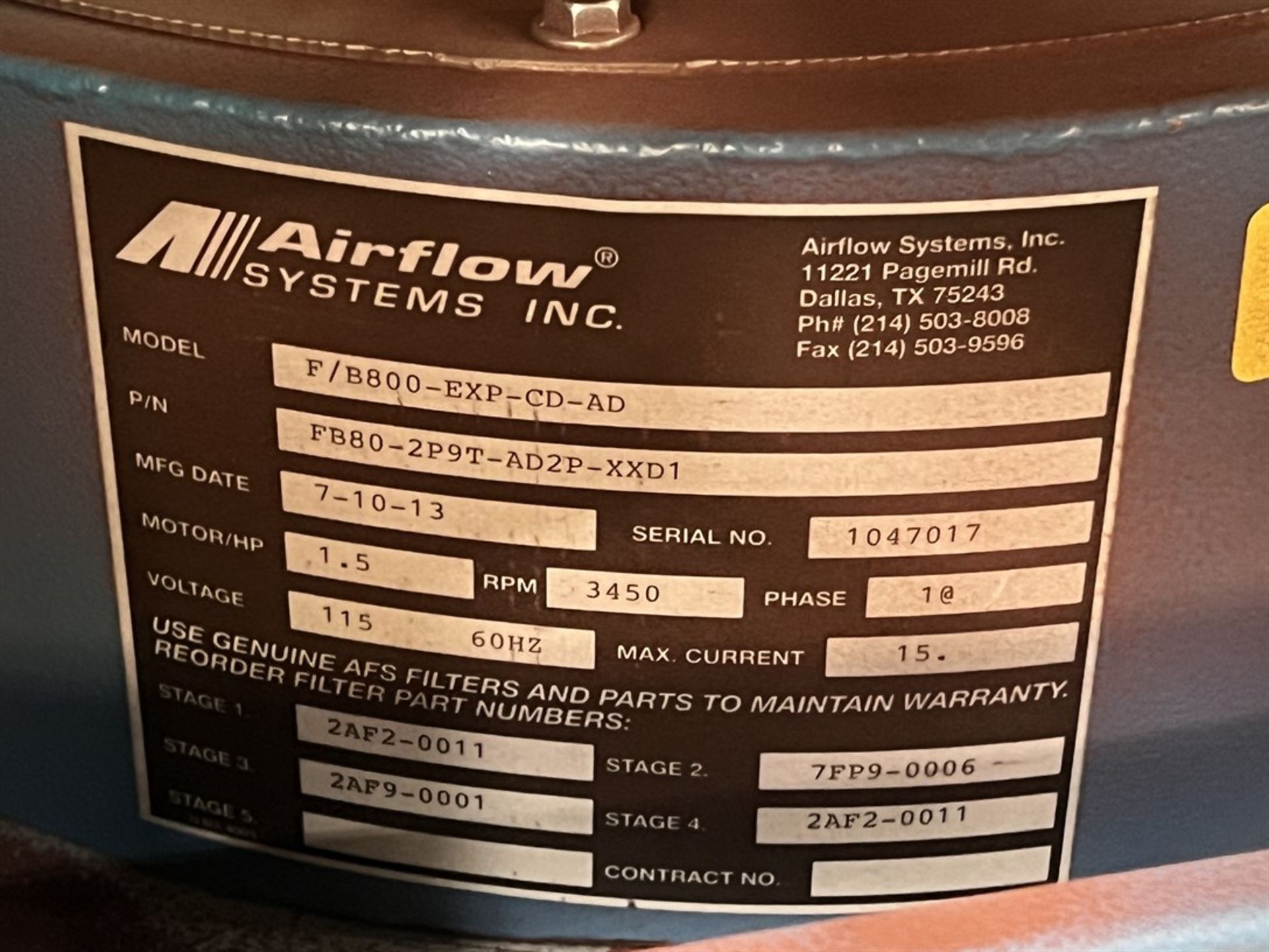 AIRFLOW SYSTEMS F/B800-EXP-CD-AD Downdraft Table, s/n 1047017 - Image 4 of 4