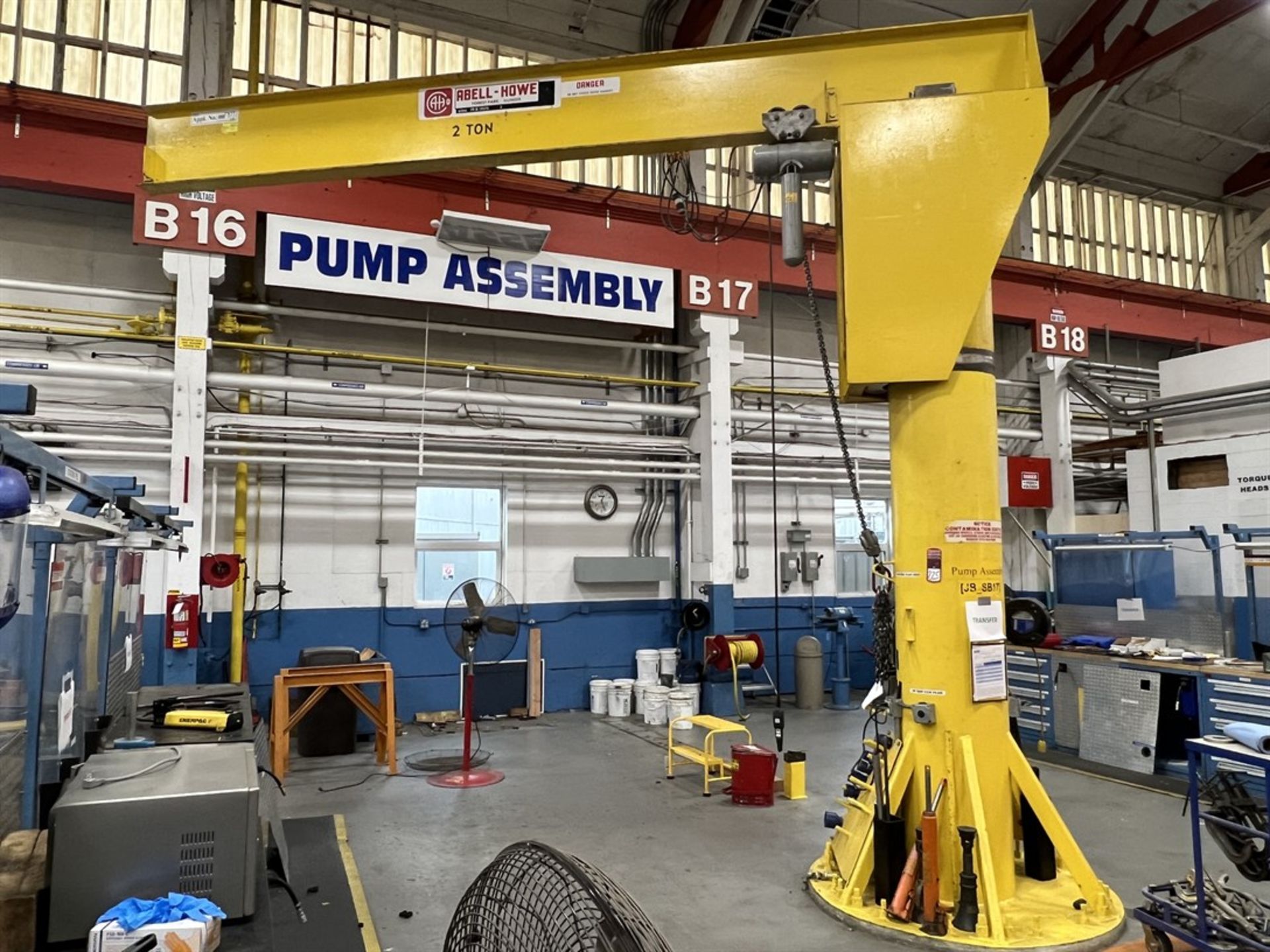 ABELL-HOWE 2-Ton Free Standing Jib Crane, Approx. 17' Reach x 15' Under Rail, 2-Ton CM Electric