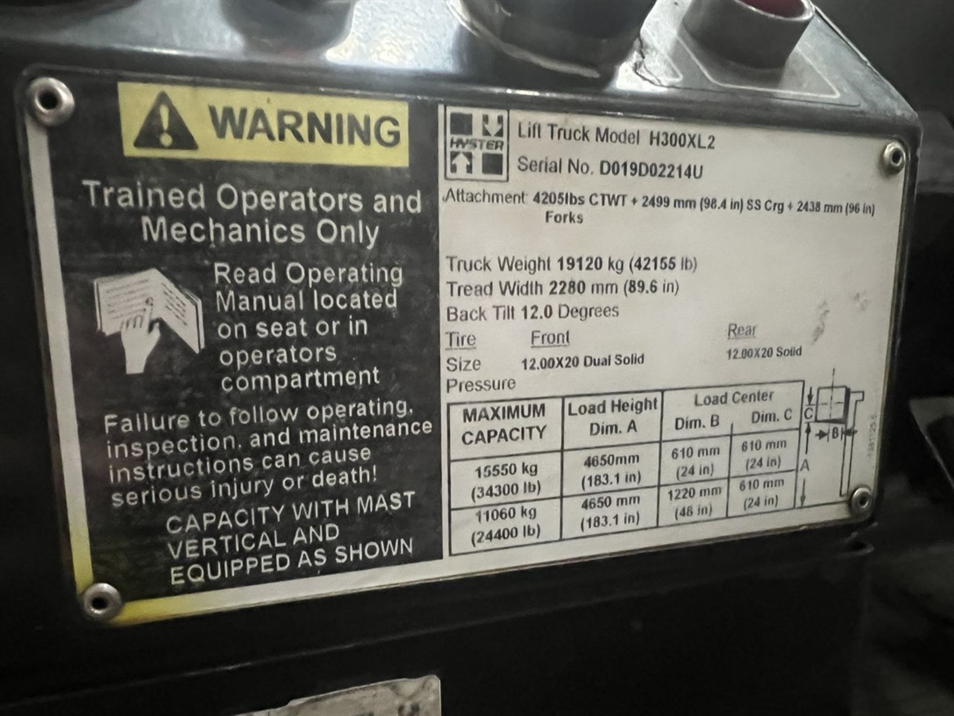 HYSTER H300XL2 Diesel Forklift, s/n D019D02214U, 34,000 LB Capacity, 8' Fork Length, 2-Stage Mast, - Image 7 of 12