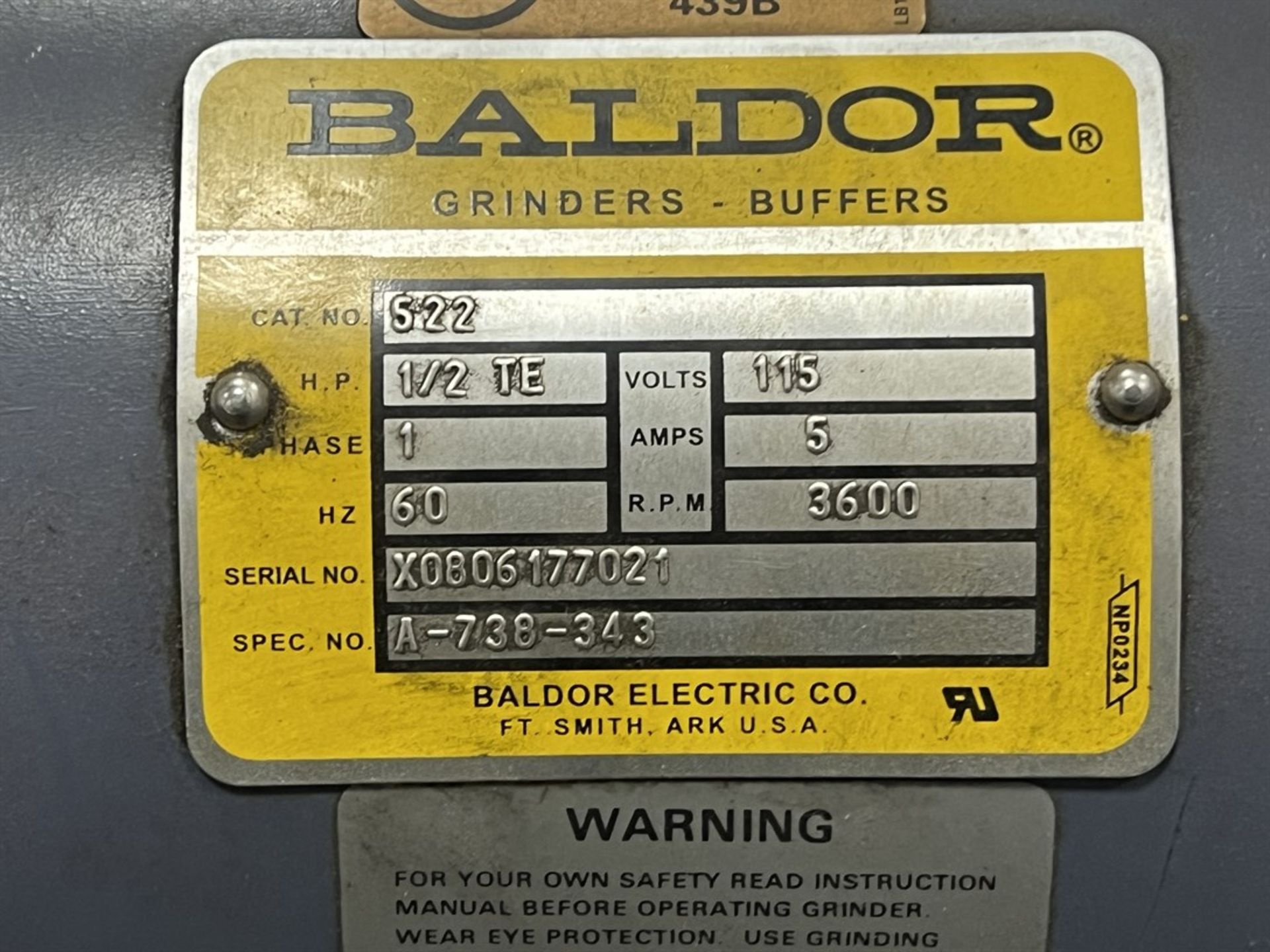 BALDOR 522 Pedestal Grinder, s/n X0806177021, 1/2 HP, 3600 RPM - Image 4 of 4