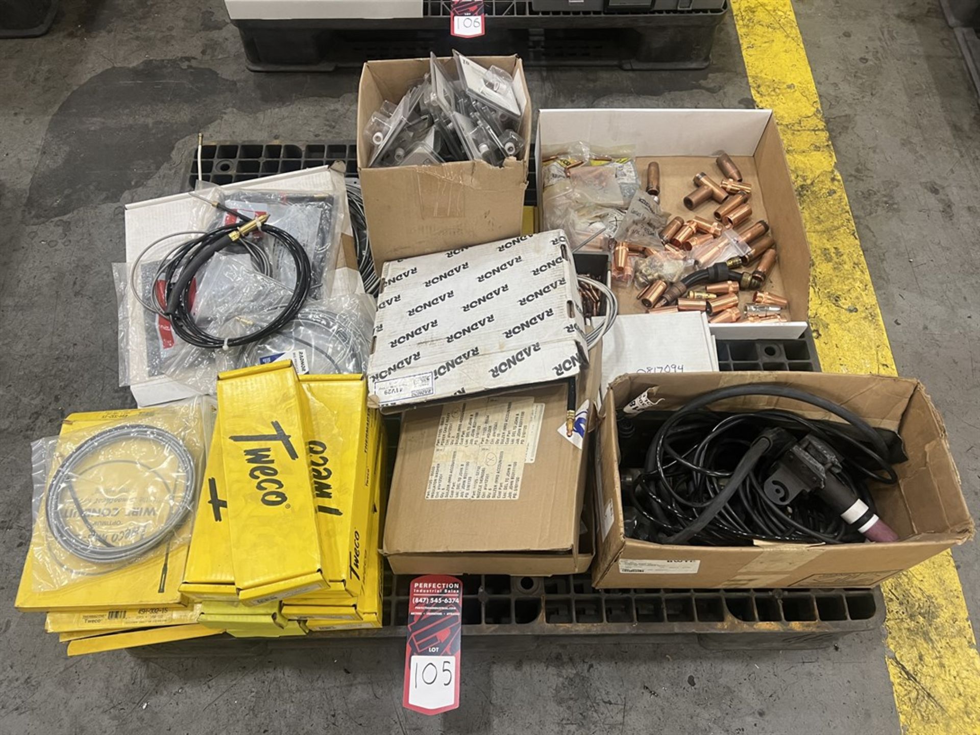 Lot of Assorted Mig Parts Including Tips, Wire Feed Adaptor Plugs, Gas Distributors, Power Cables