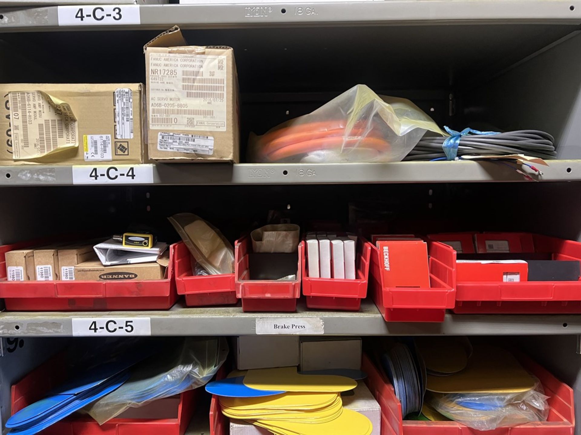 Row of (6) Sections of LYON Shelving Units w/ Contents Including Misc. Machine Parts, FANUC AC Servo - Image 7 of 10