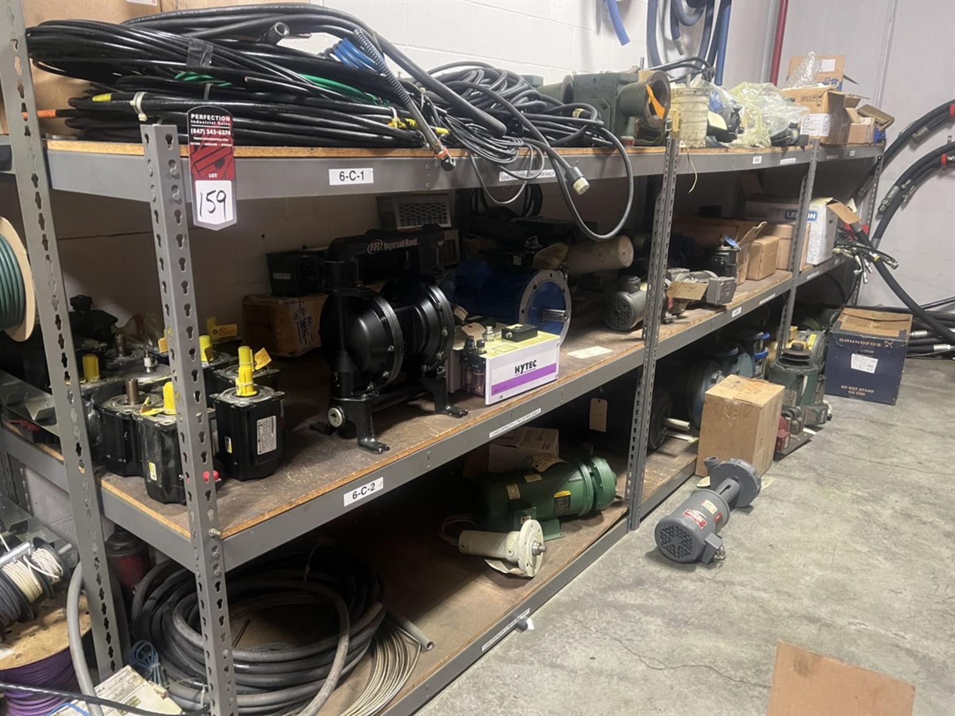 Lot of (3) Shelving Units w/ Assorted AC Servo Motors, Gear Motors, Motors, Diaphragm Pumps, Valves,