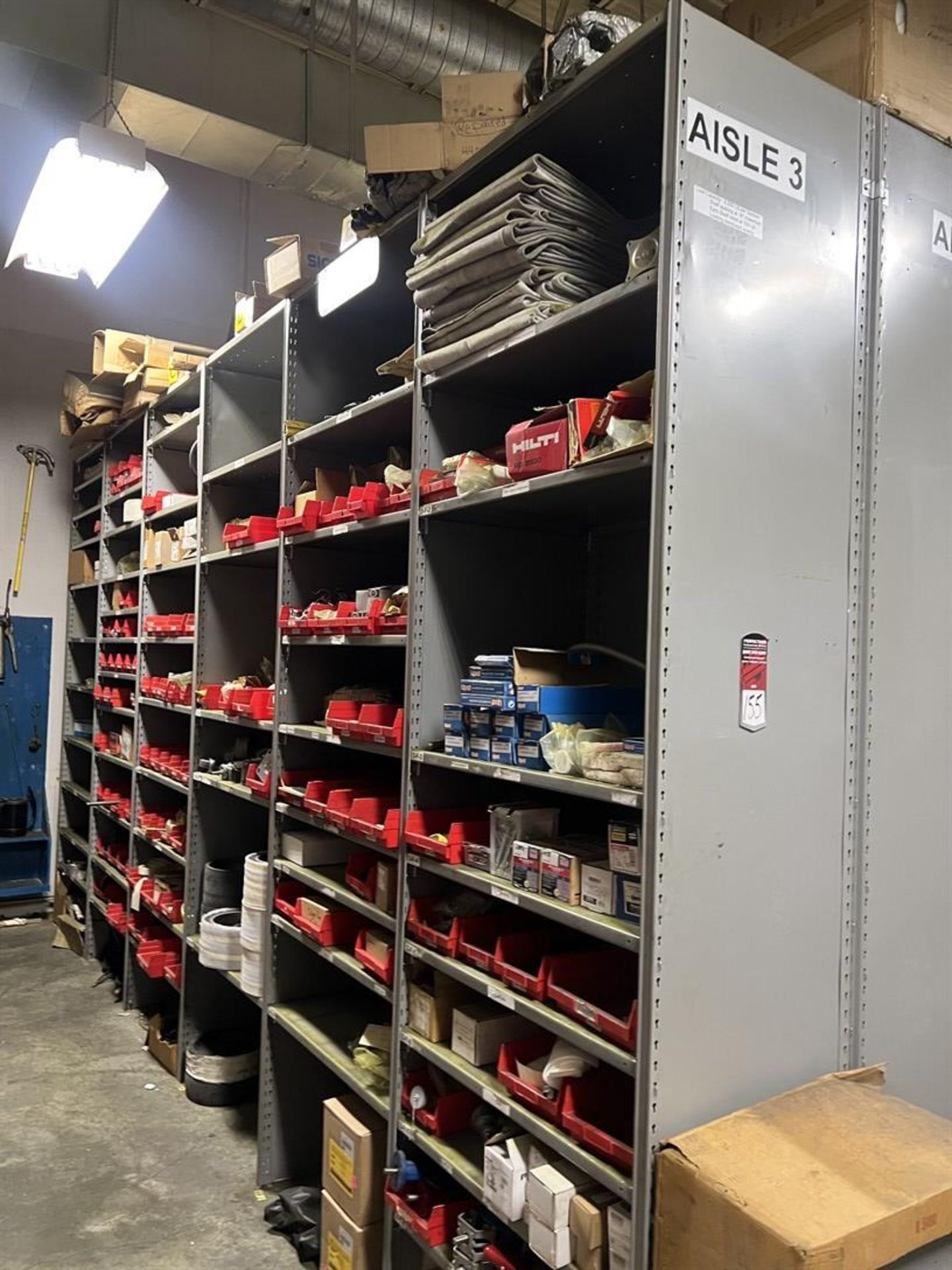 Row of (6) Sections of LYON Shelving Units w/ Contents Including Assorted Fasteners and Anchors,