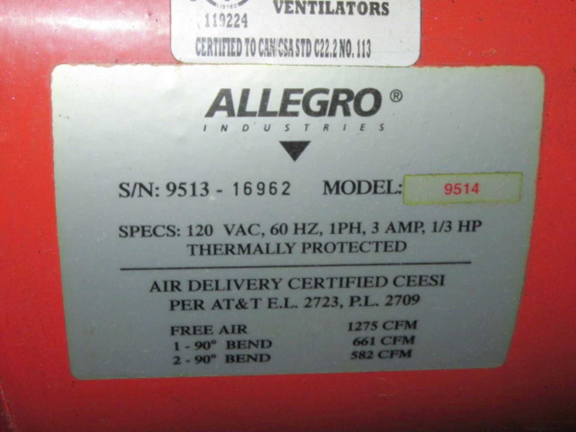 (1) Allegro 9514 Confined Space Blower with 1/3 HP Motor, 120V, 60 Hz, 1 Ph with Attached 9" Dia. - Image 2 of 4