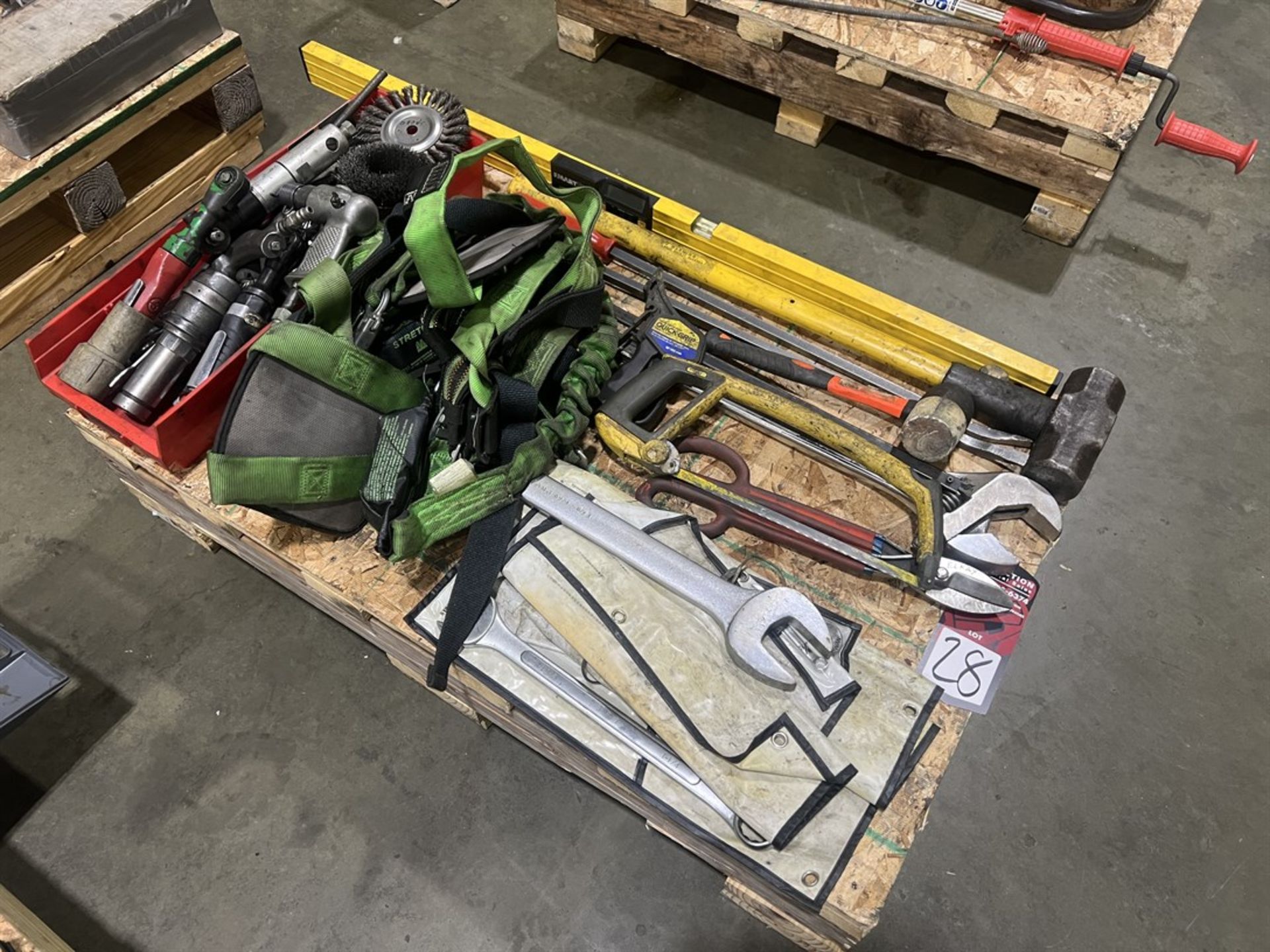 Lot Comprising Assorted Air Tools, Wrenches, Pry Bars, Sledge Hammer, and Safety Harnesses